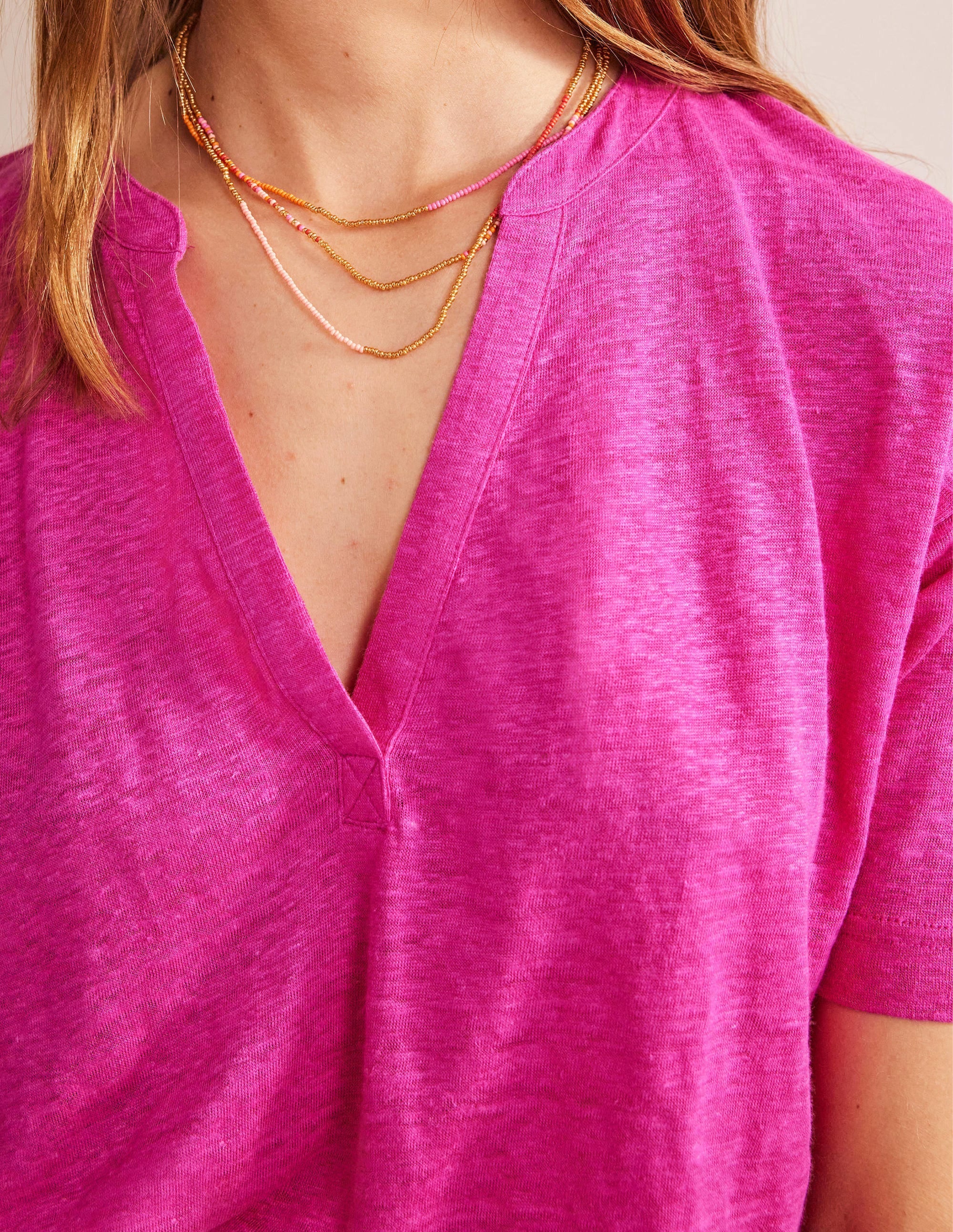 Notch Neck Linen Henley Top-Phlox Pink - Image 2