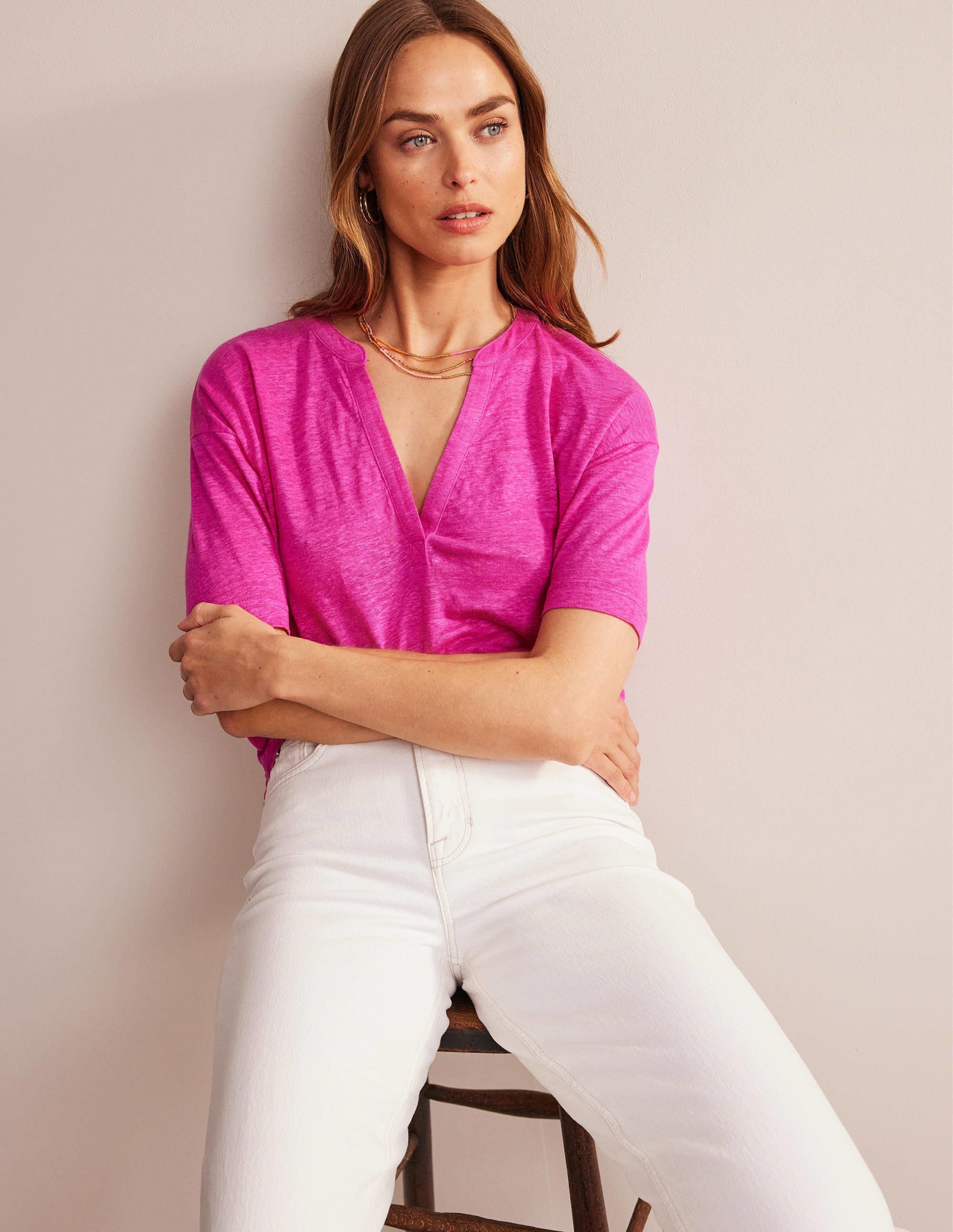 Notch Neck Linen Henley Top-Phlox Pink - Image 4