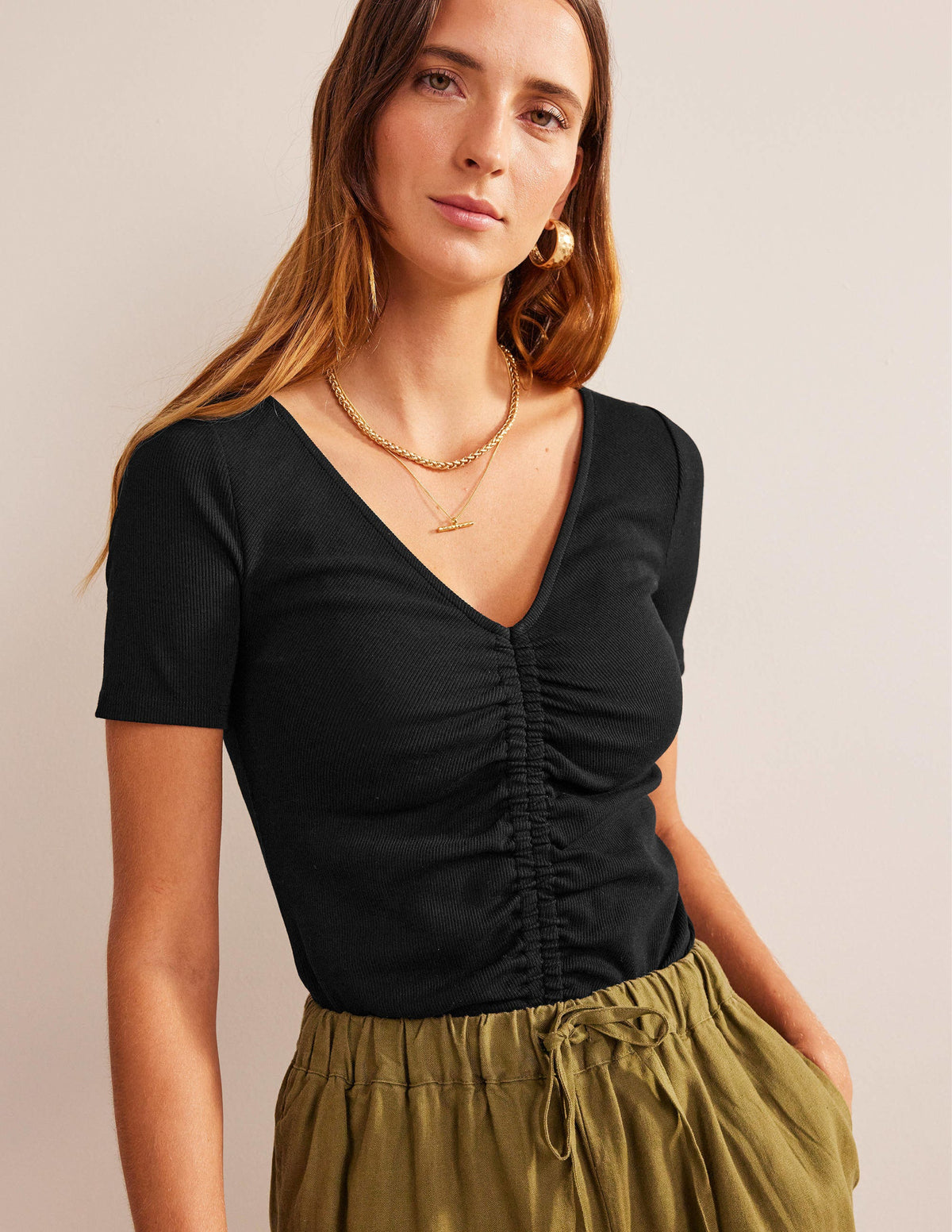 Ruched Front Rib T-shirt-Black-1