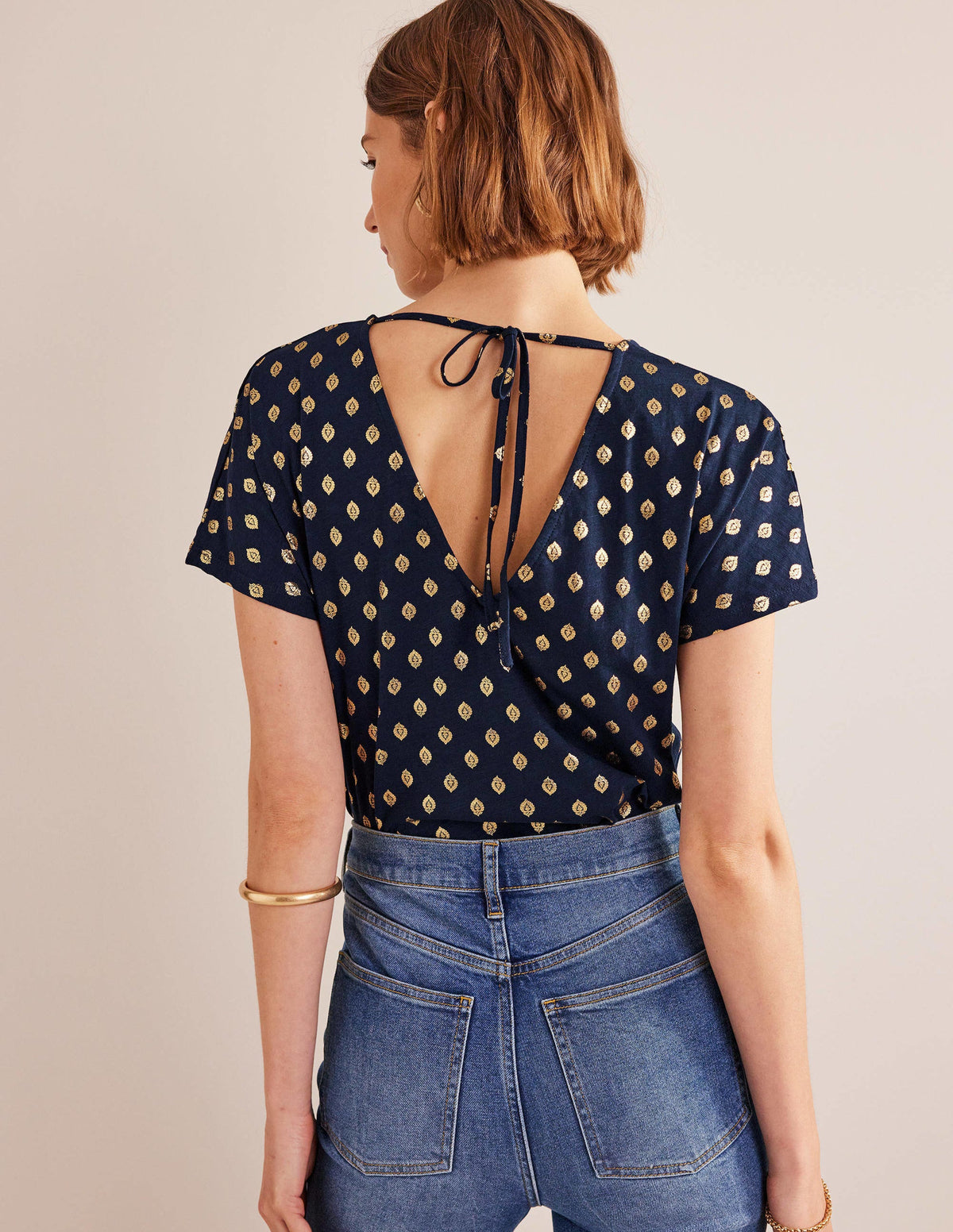 Tie Back Jersey Top-French Navy, Tranquil Leaf - Image 3