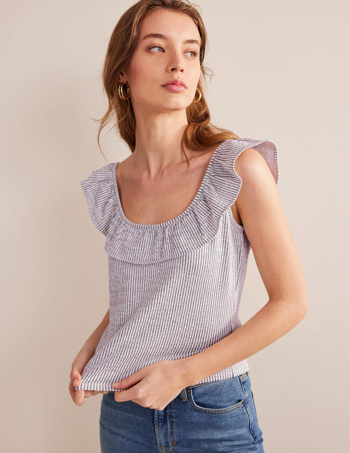 Seersucker Frill Stripe Top-Navy/White Stripe - Image 1