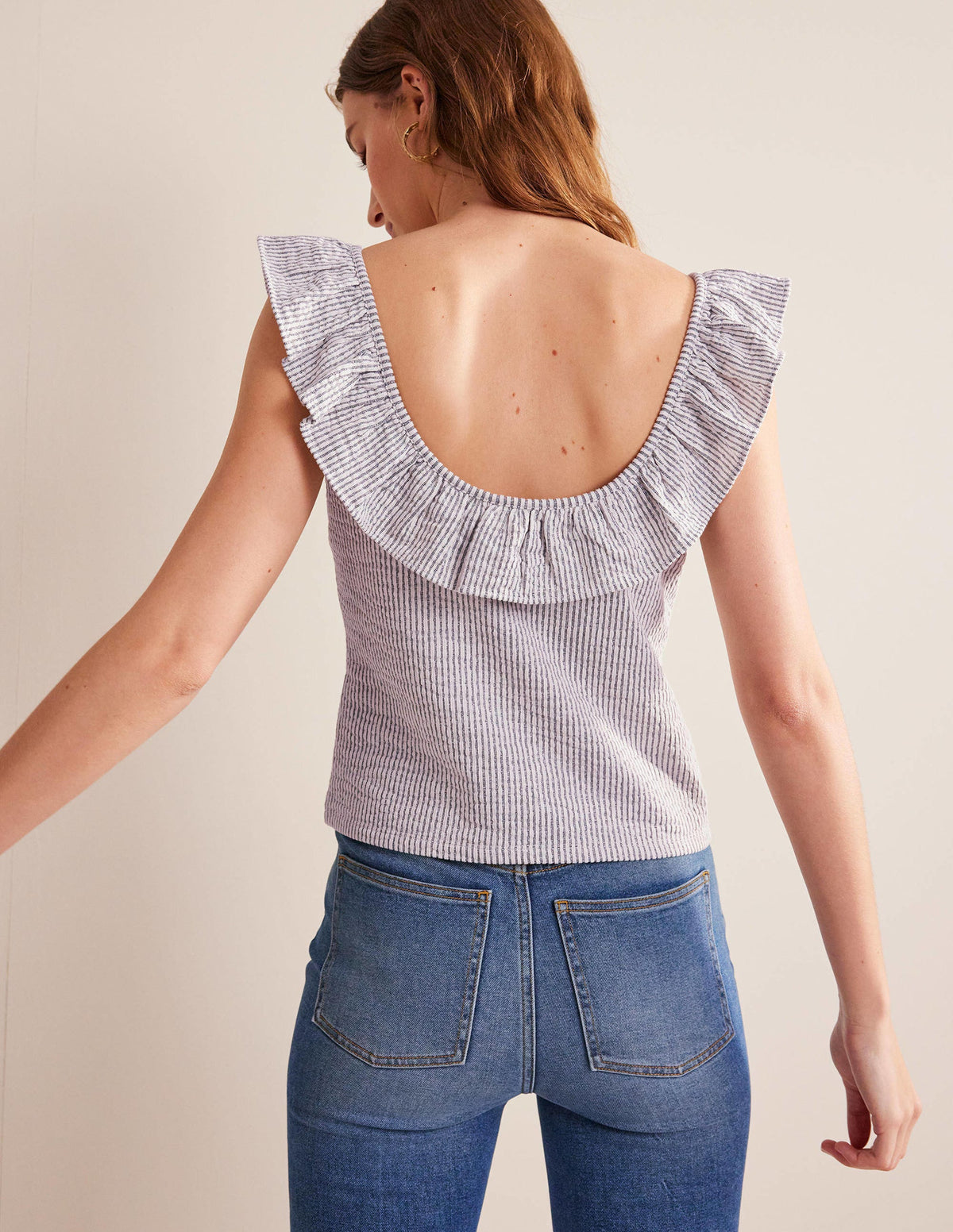 Seersucker Frill Stripe Top-Navy/White Stripe - Image 3