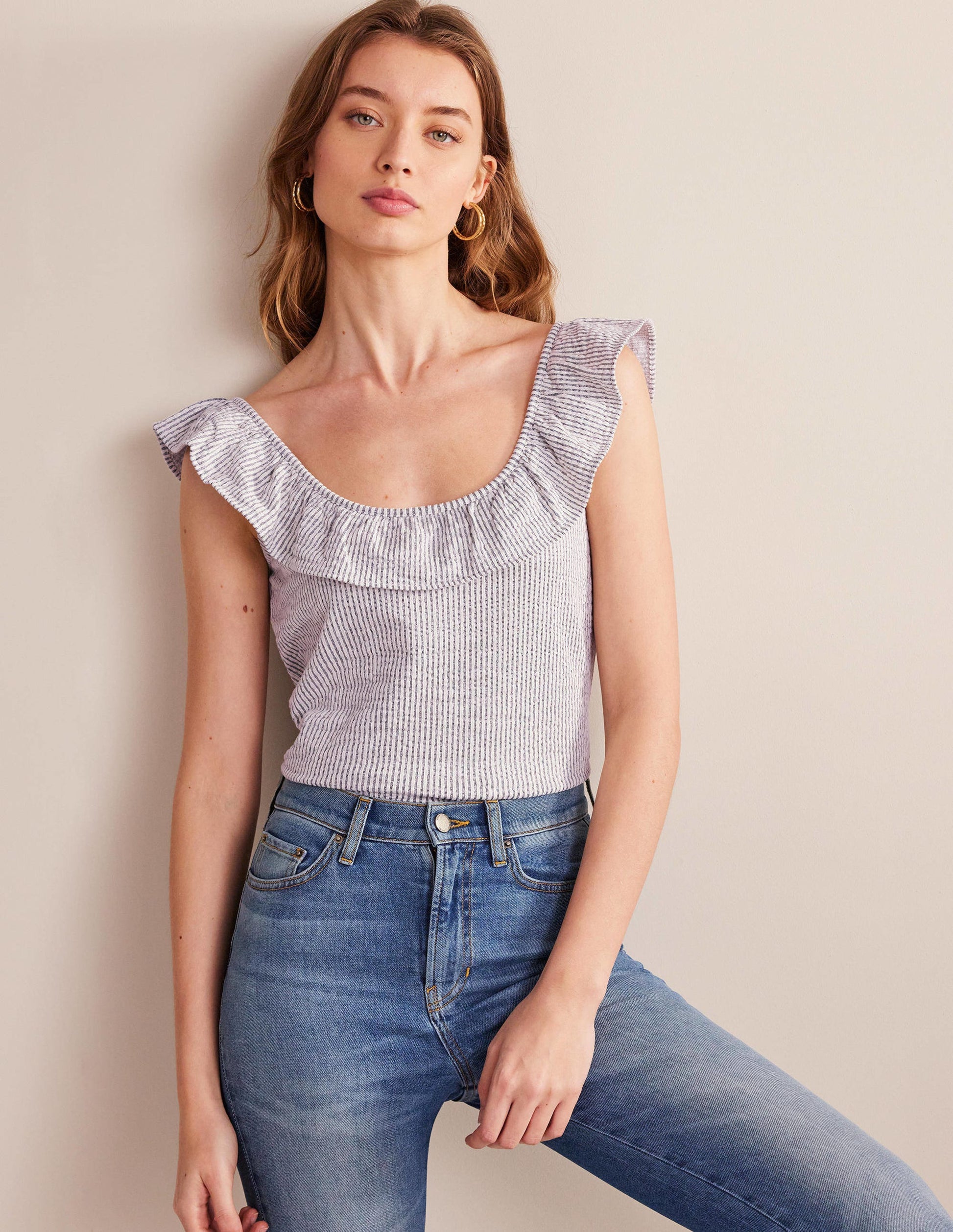 Seersucker Frill Stripe Top-Navy/White Stripe-4