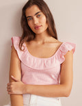 Seersucker Frill Stripe Top-Vermillion/White Stripe