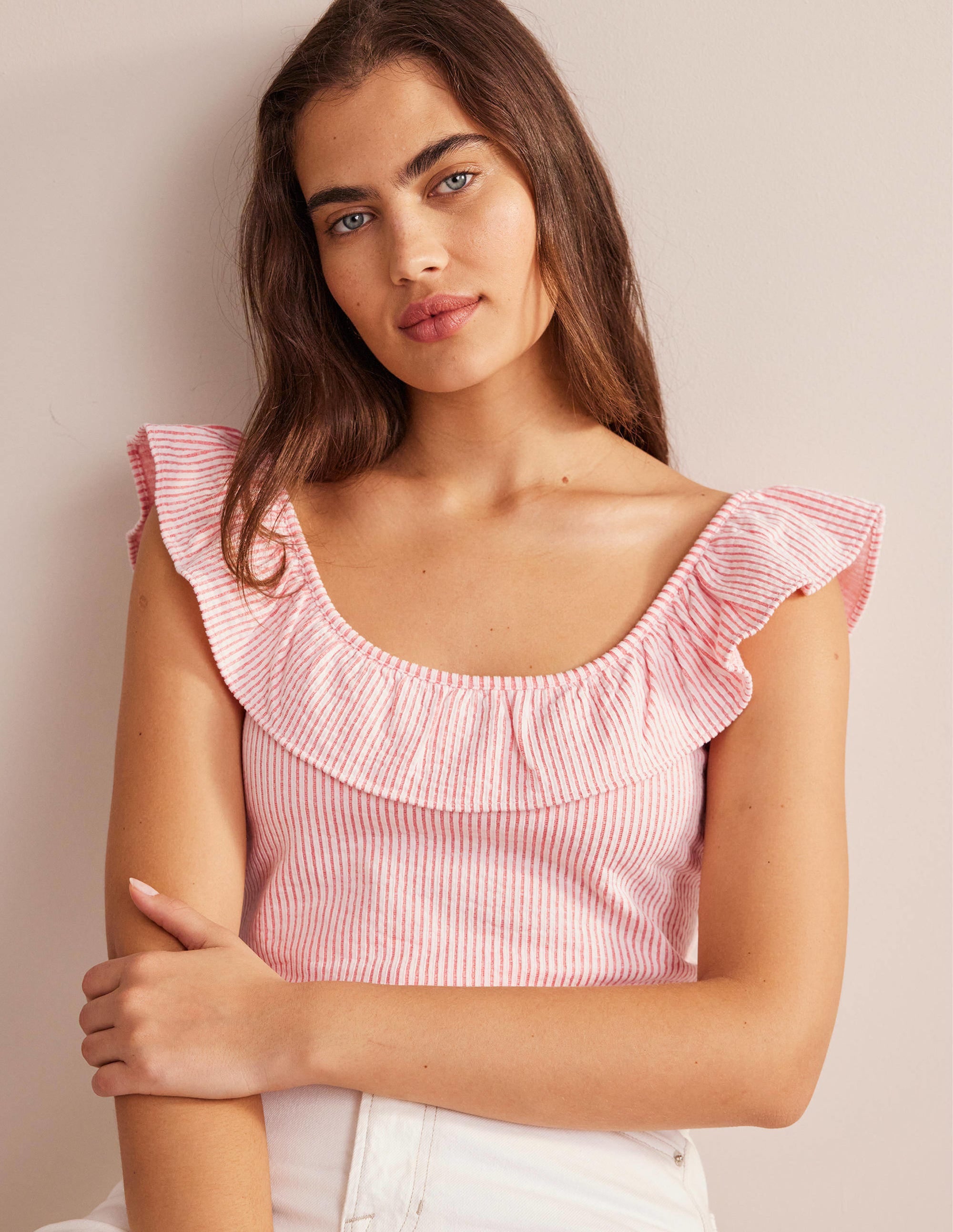 Seersucker Frill Stripe Top-Vermillion/White Stripe - Image 1