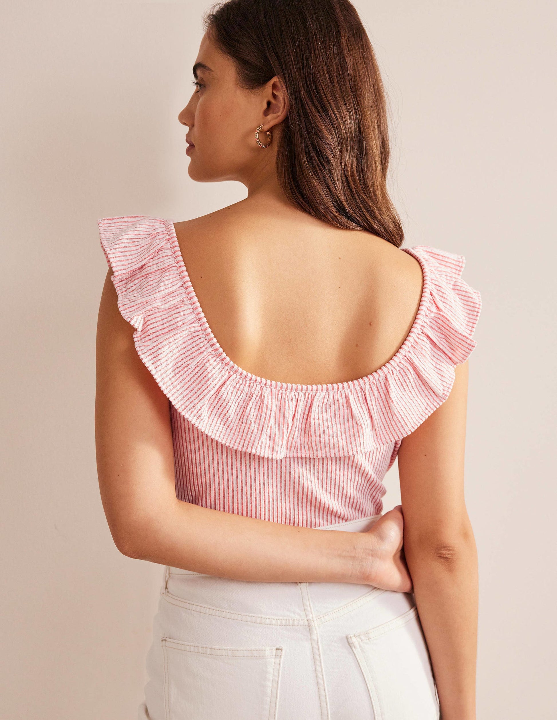 Seersucker Frill Stripe Top-Vermillion/White Stripe-3