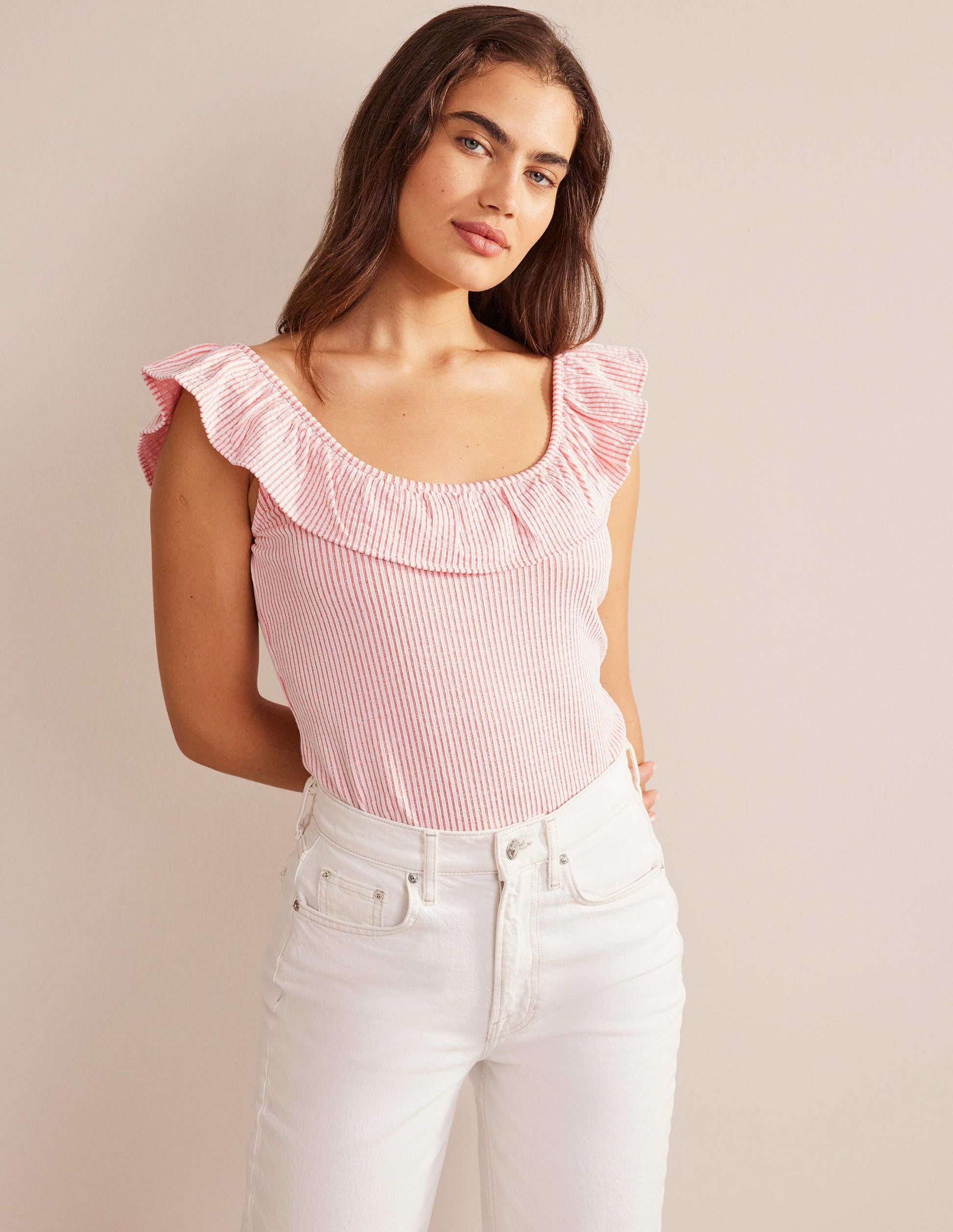 Seersucker Frill Stripe Top-Vermillion/White Stripe-4