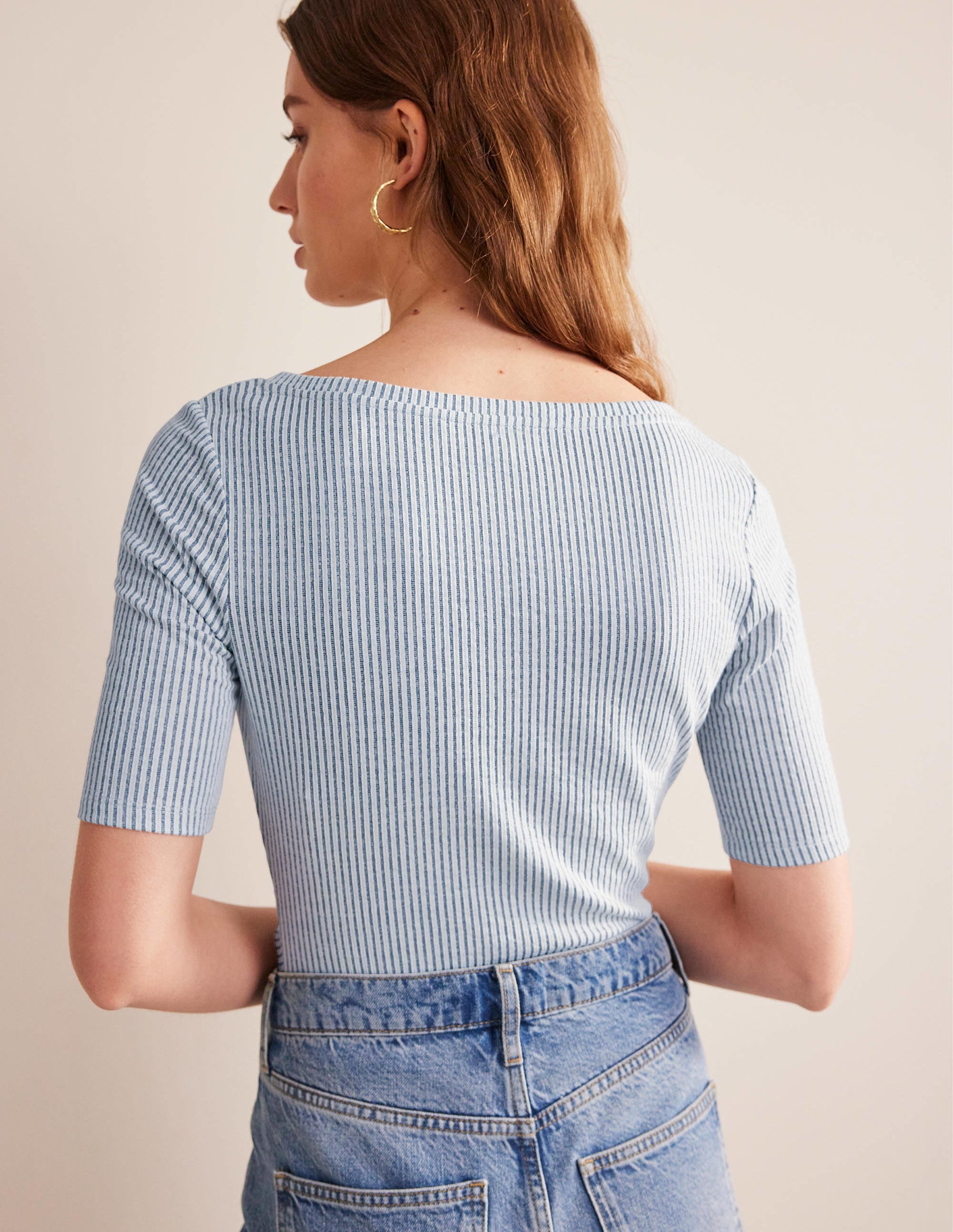 Seersucker Ruched Front Top-Navy/White Stripe - Image 3
