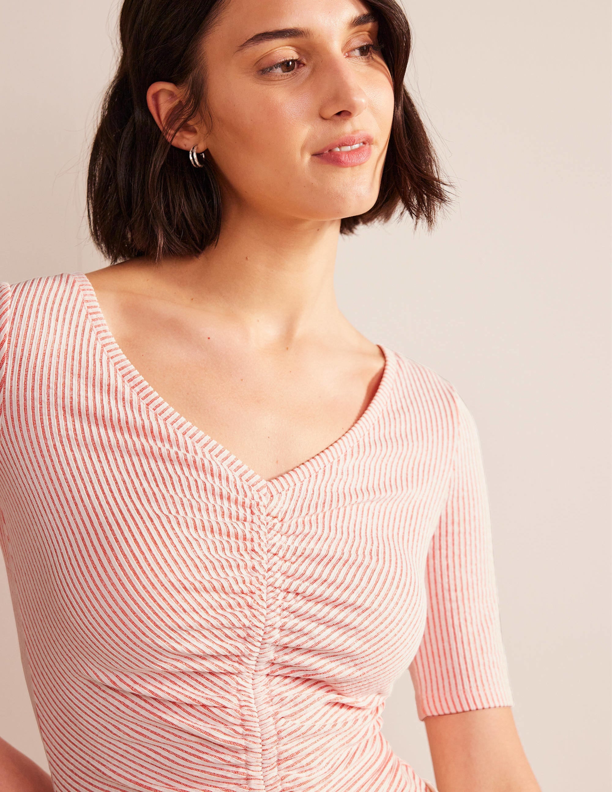 Seersucker Ruched Front Top-Vermillion/White Stripe - Image 2