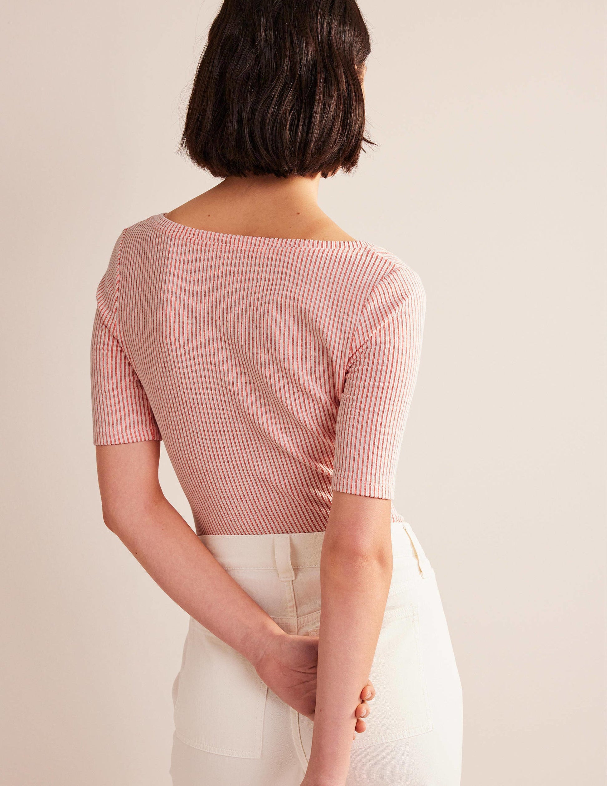 Seersucker Ruched Front Top-Vermillion/White Stripe-3