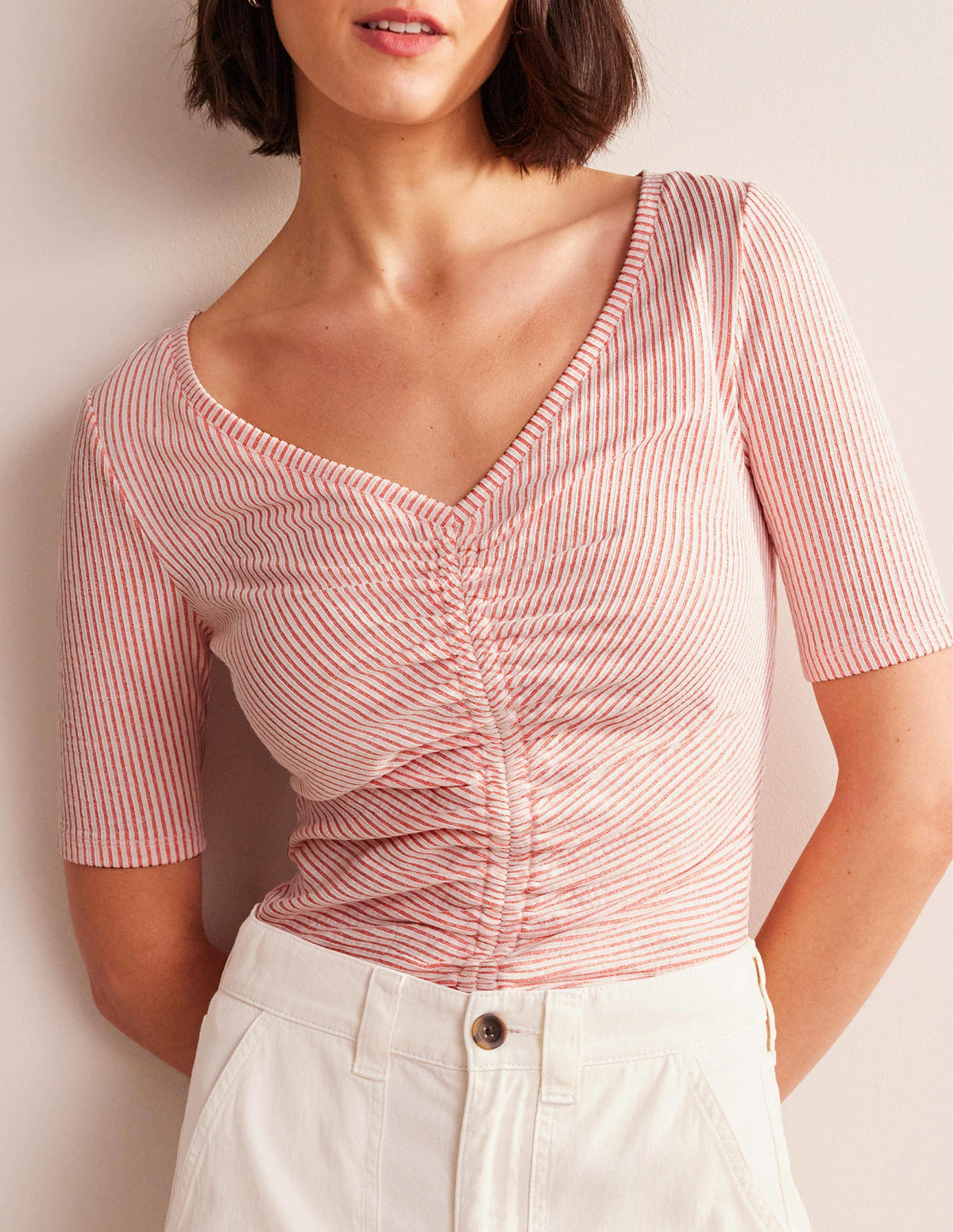 Seersucker Ruched Front Top-Vermillion/White Stripe - Image 4