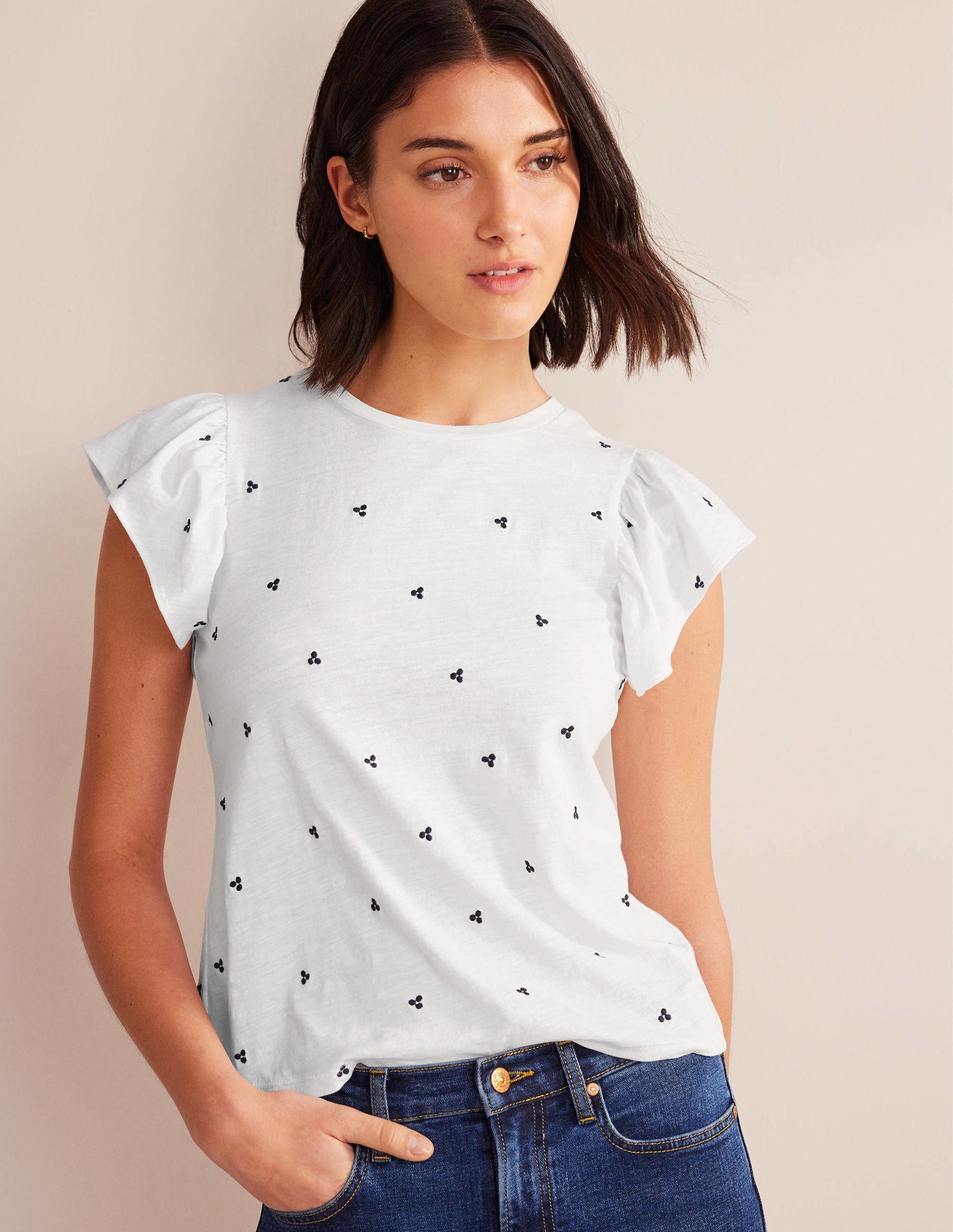 Embroidered Flutter Top-White, Blue Embroidery-1