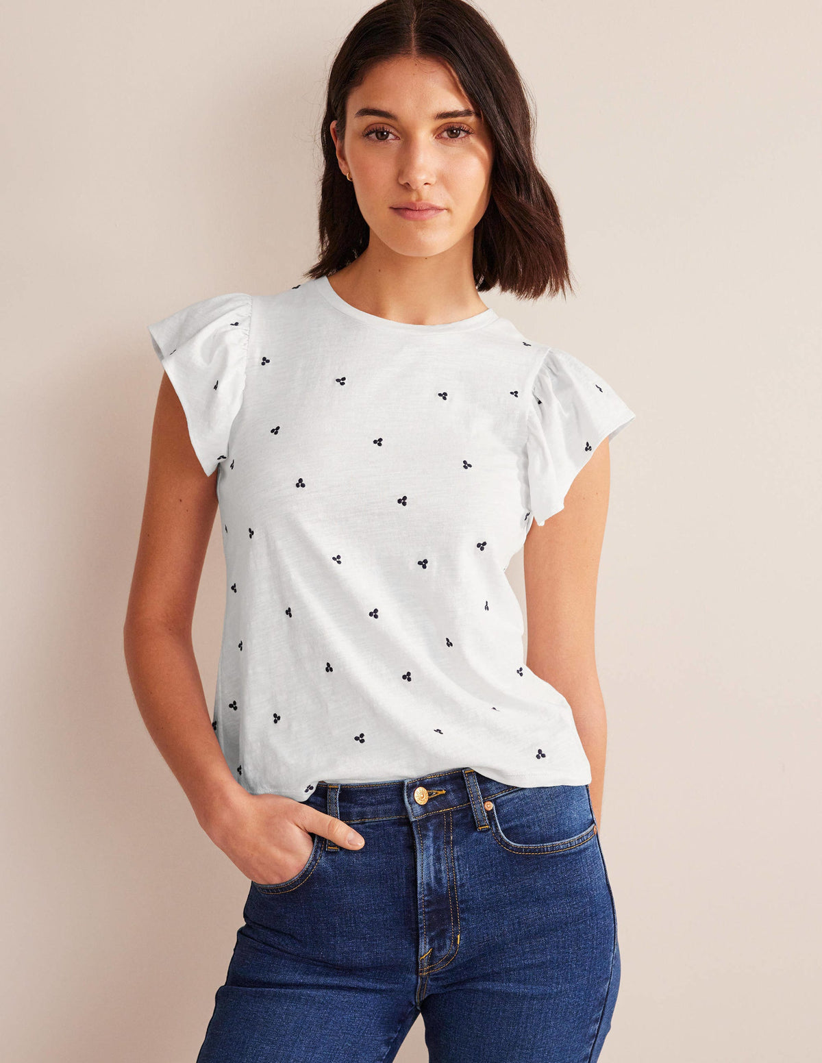 Embroidered Flutter Top-White, Blue Embroidery - Image 4