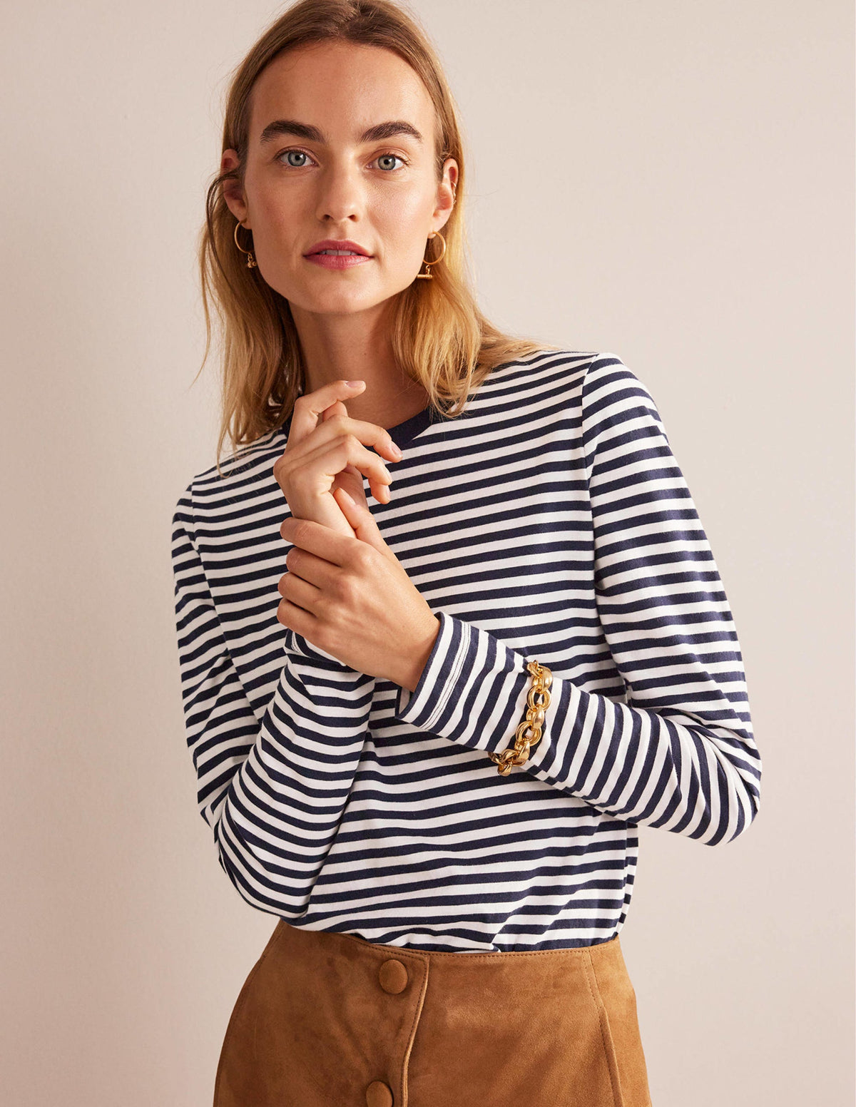 Pure Cotton Long Sleeve Top-Ivory, Navy-1