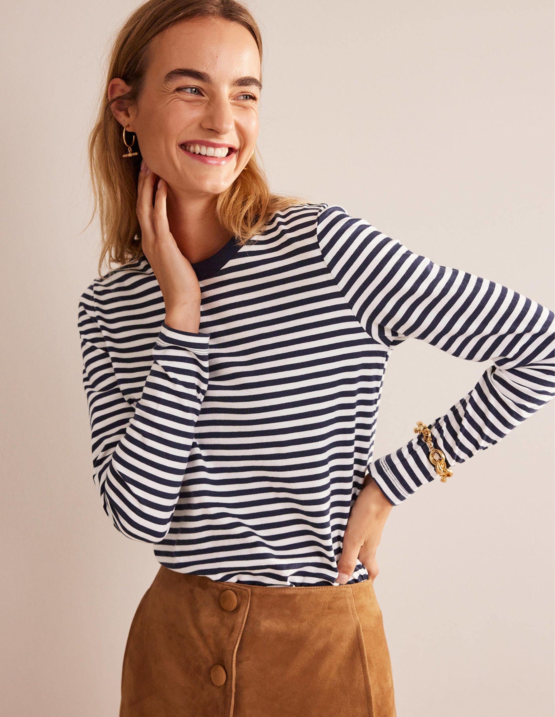 Pure Cotton Long Sleeve Top-Ivory, Navy-4
