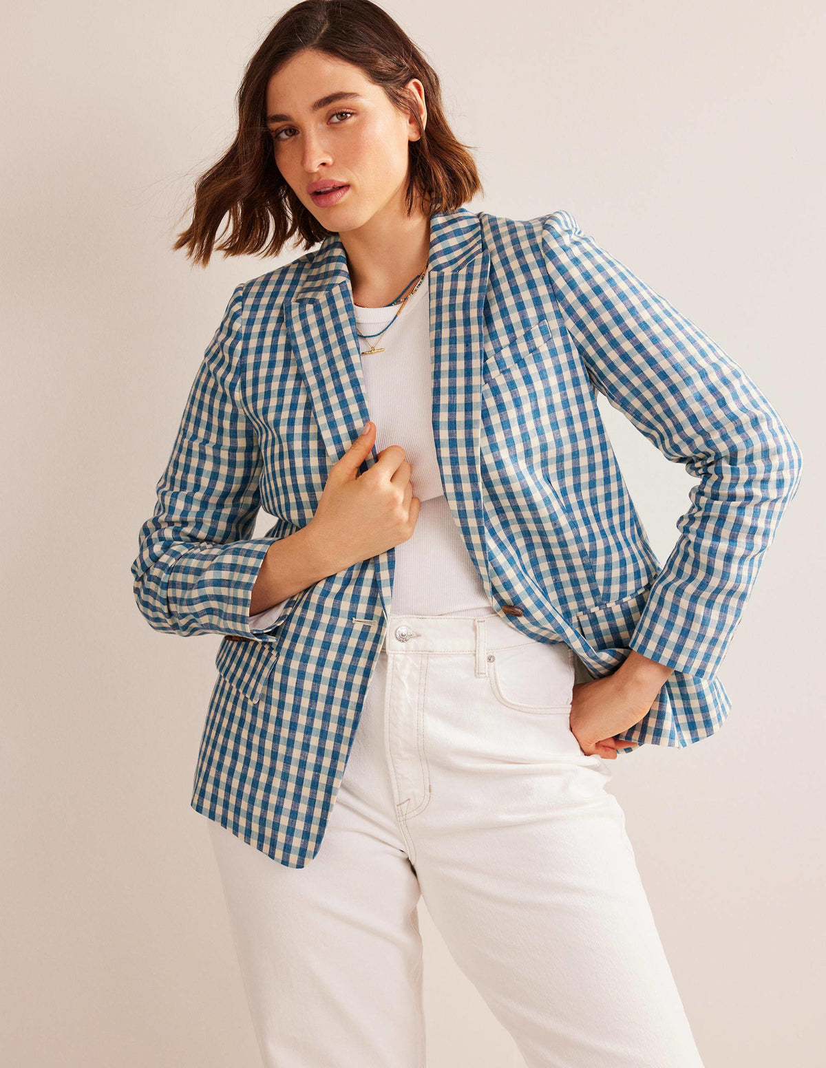 The Cambridge Linen Blazer-Blue and White Gingham - Image 5