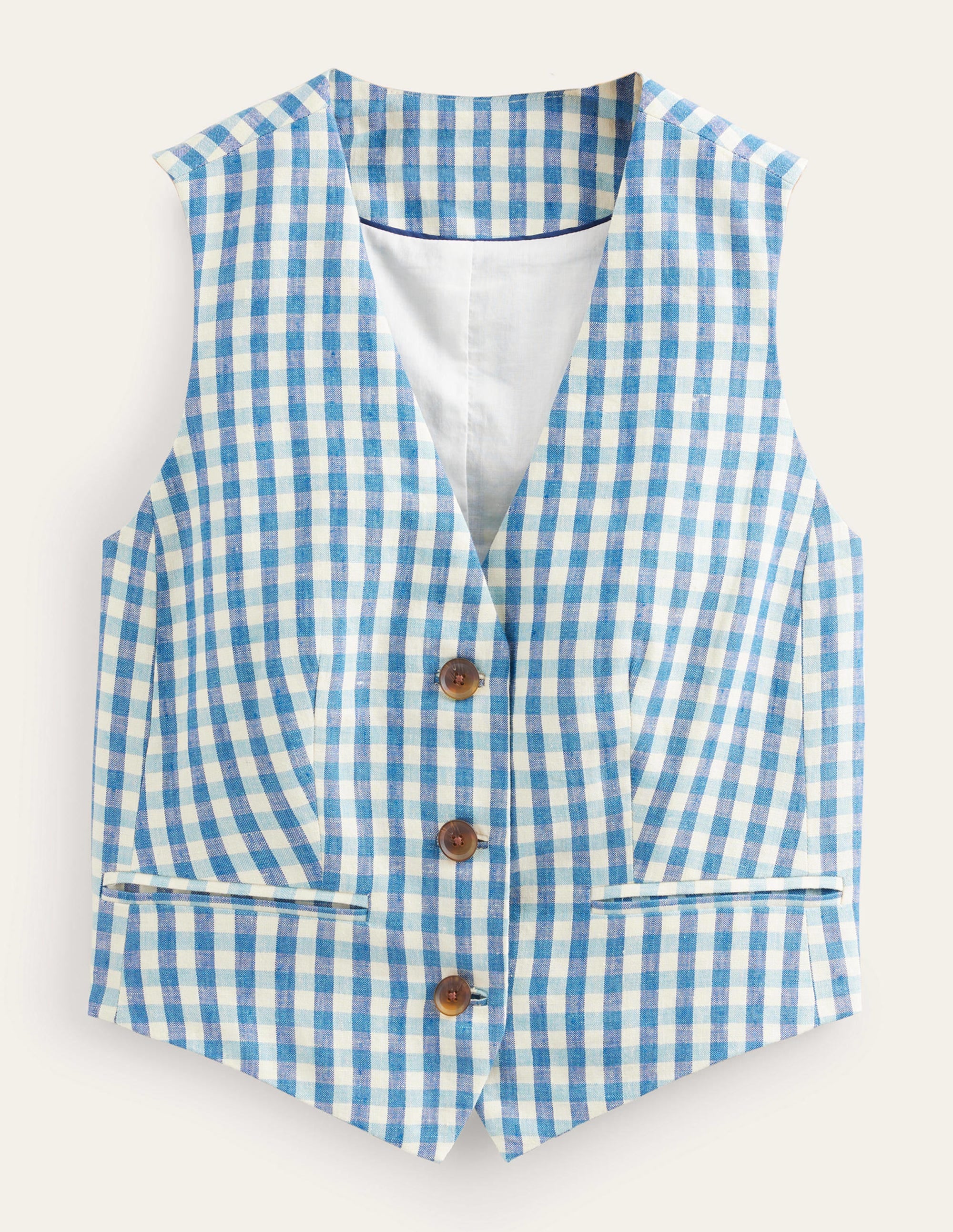 Linen V-Neck Waistcoat-Blue and White Gingham - Image 7