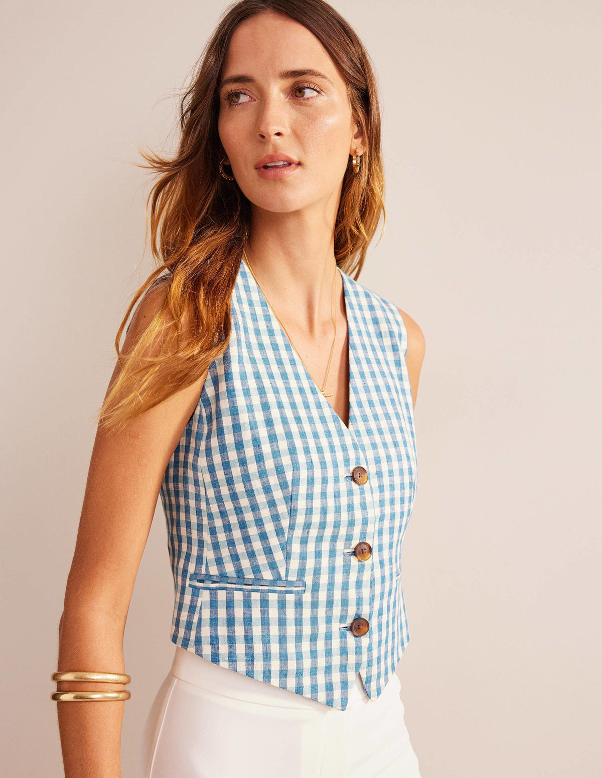 Linen V-Neck Waistcoat-Blue and White Gingham - Image 1