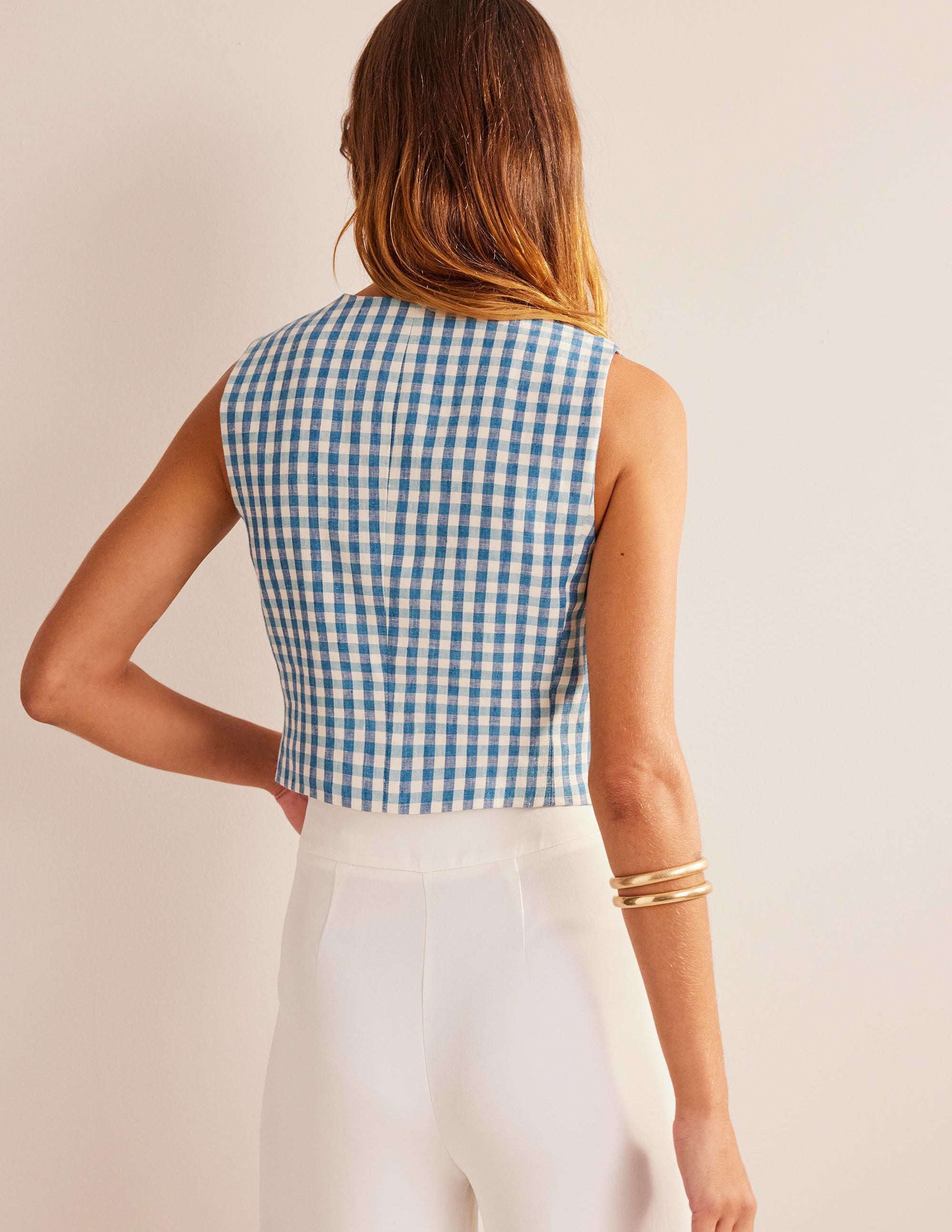 Linen V-Neck Waistcoat-Blue and White Gingham - Image 3