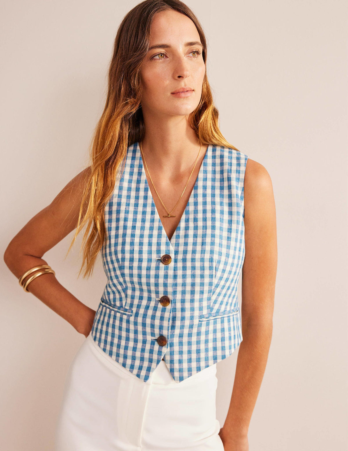 Linen V-Neck Waistcoat-Blue and White Gingham - Image 4
