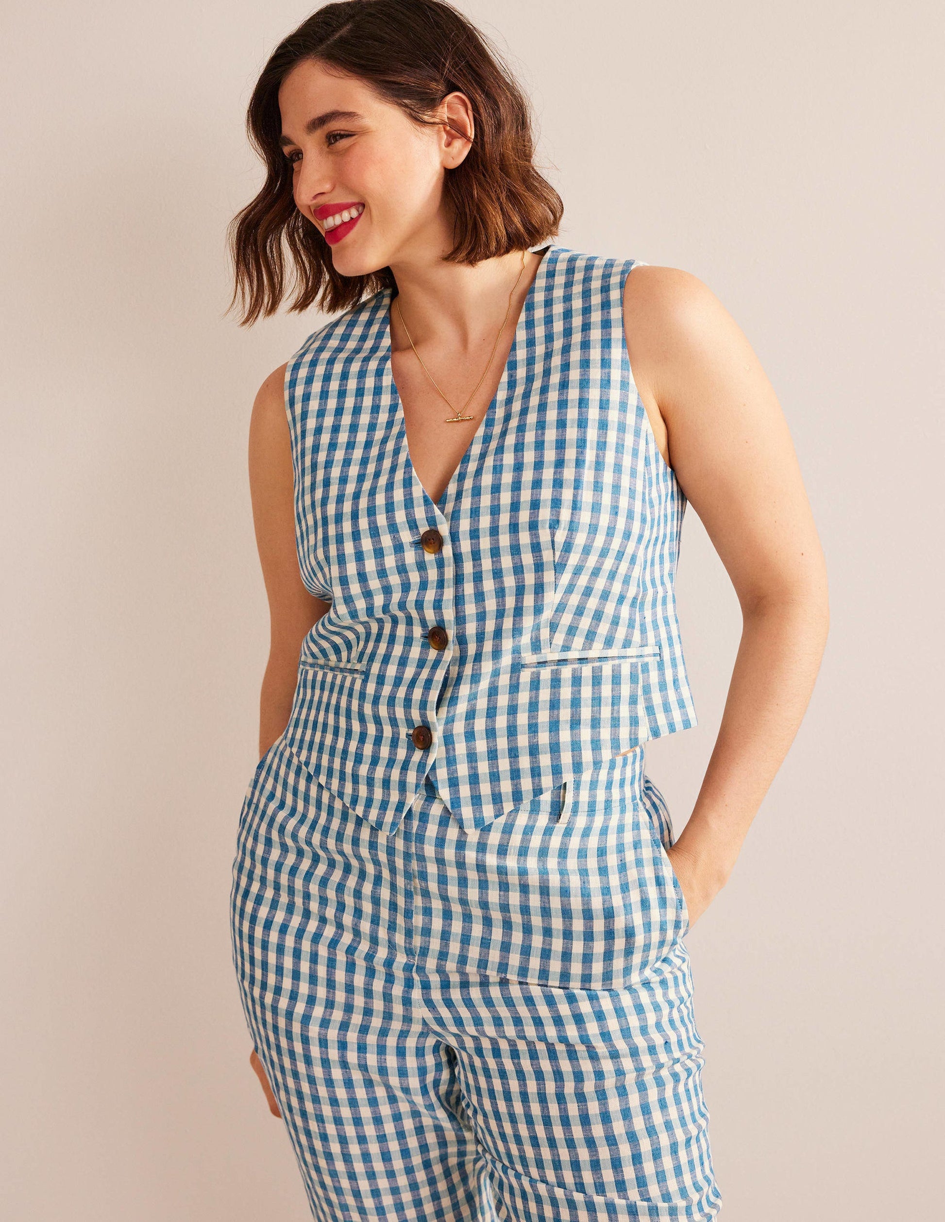 Linen V-Neck Waistcoat-Blue and White Gingham-5