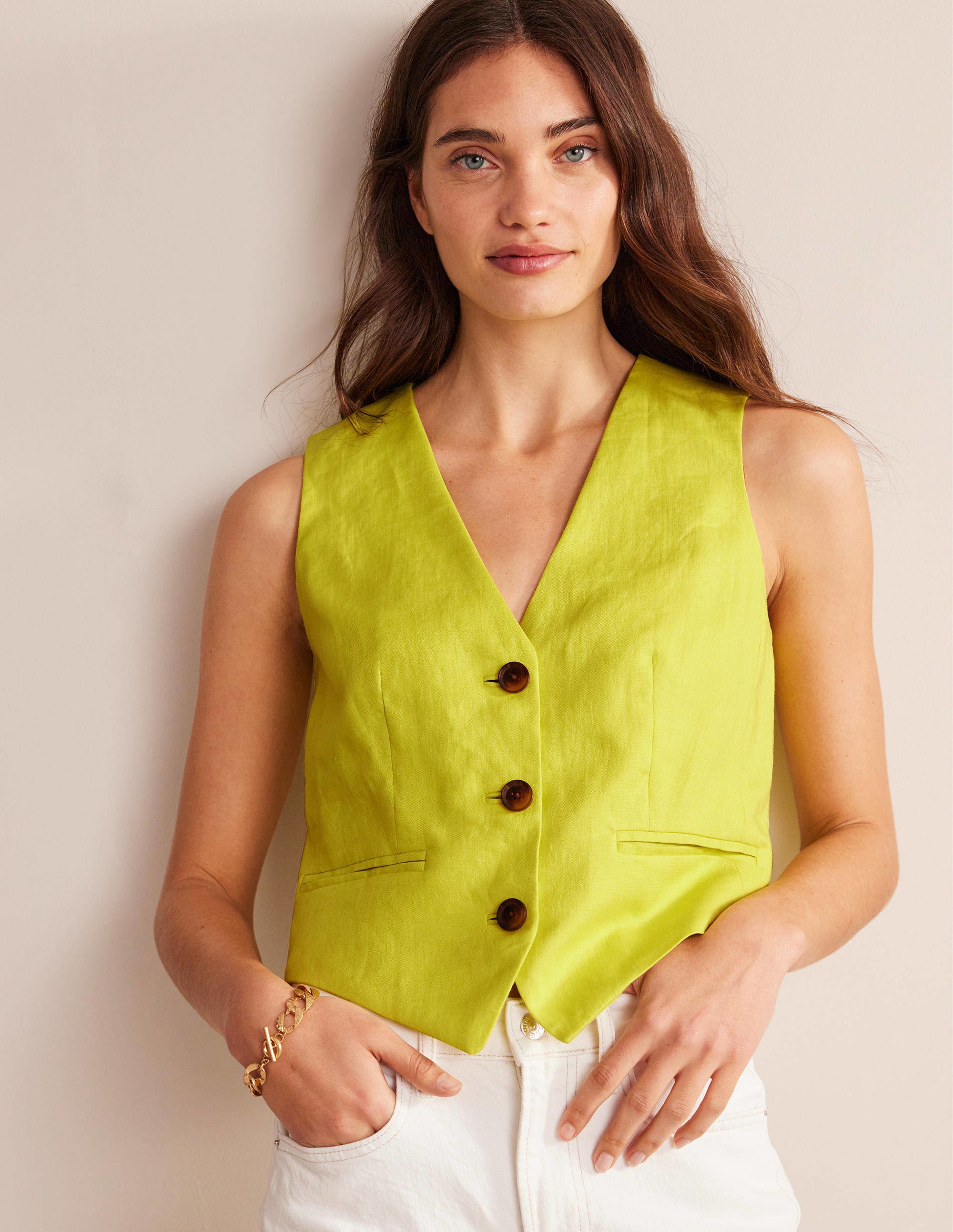 Linen V-Neck Waistcoat-Citrus - Image 1