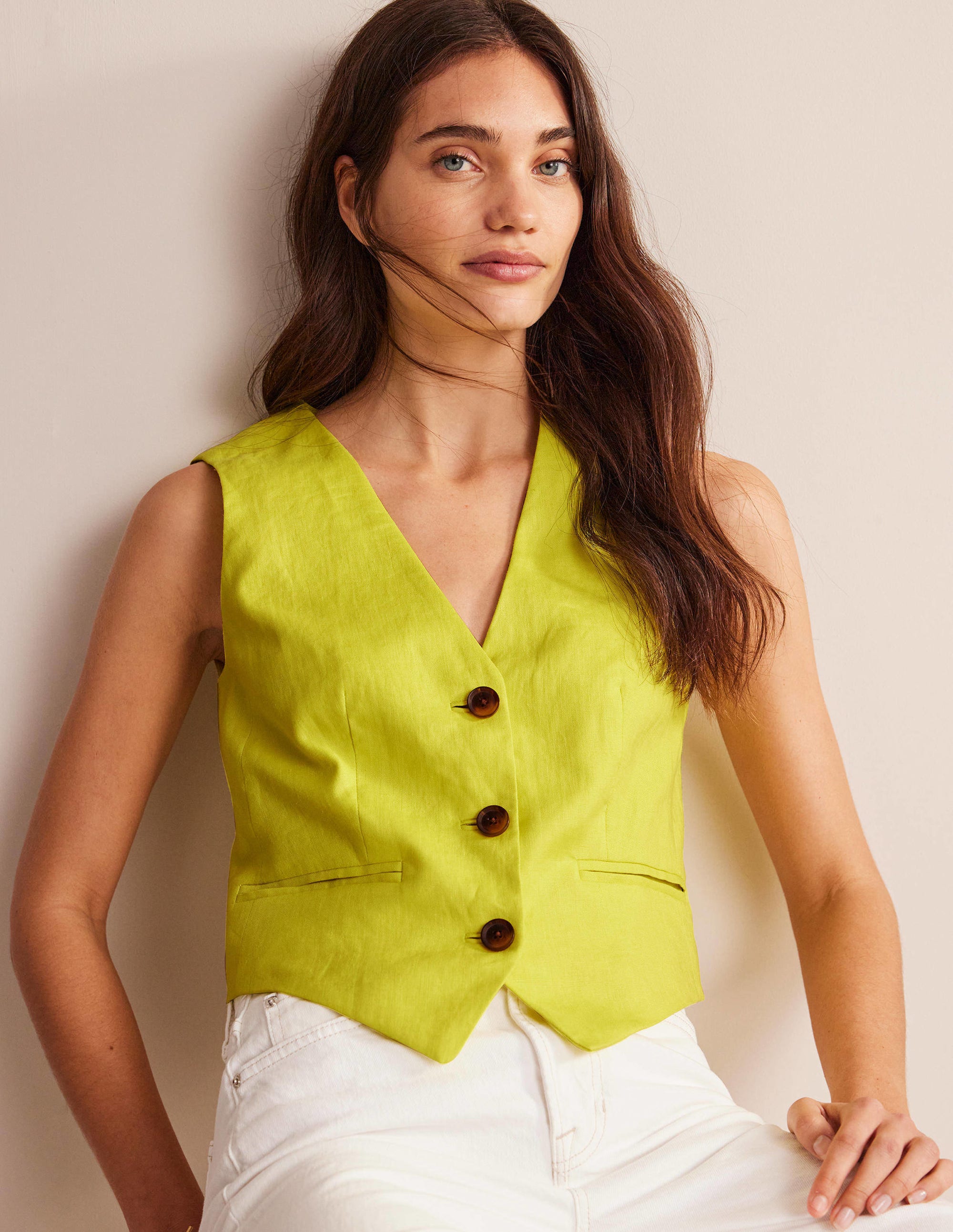 Linen V-Neck Waistcoat-Citrus - Image 4