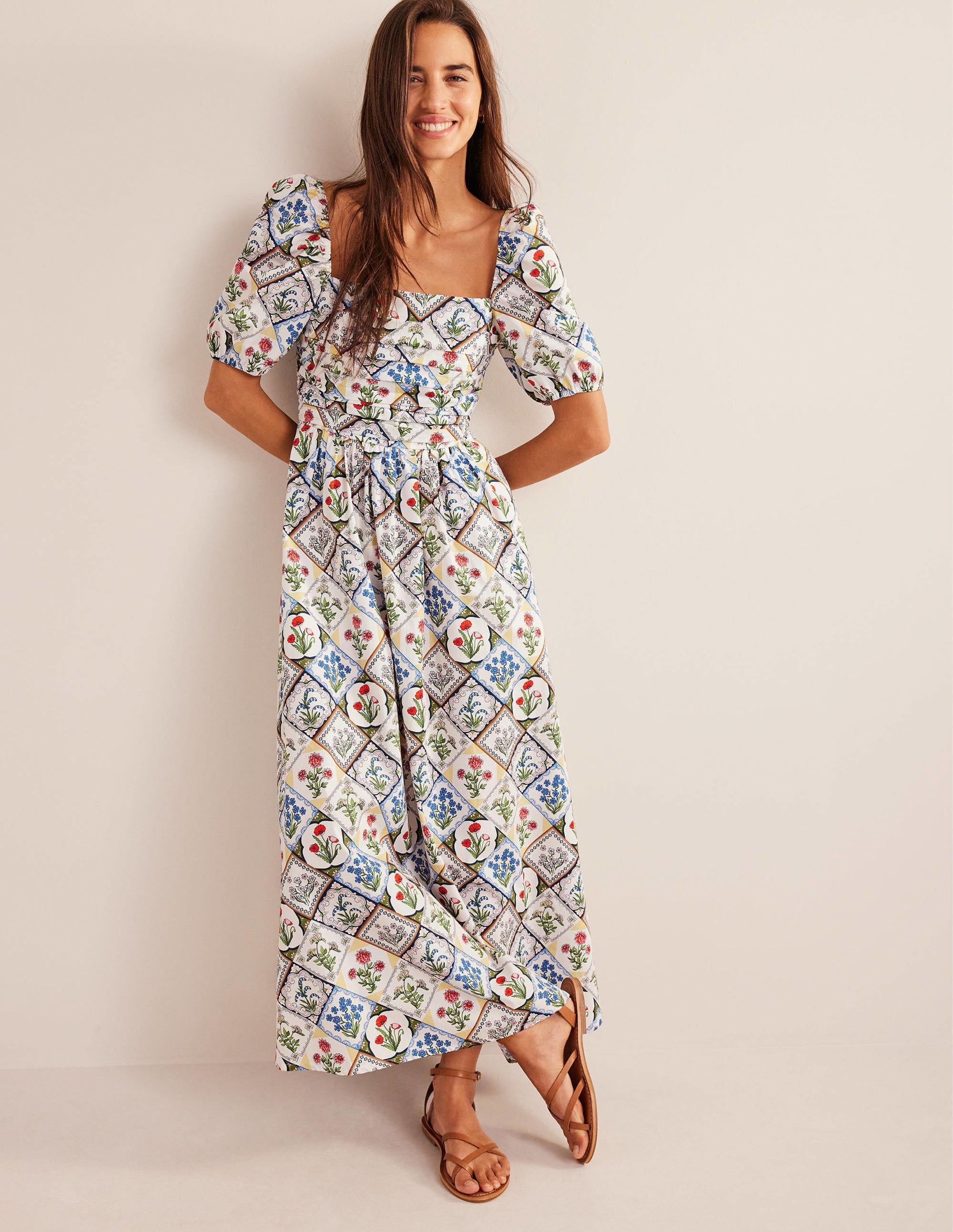 Ruched Bodice Midi Dress-Ivory, Wild Bluebell - Image 1