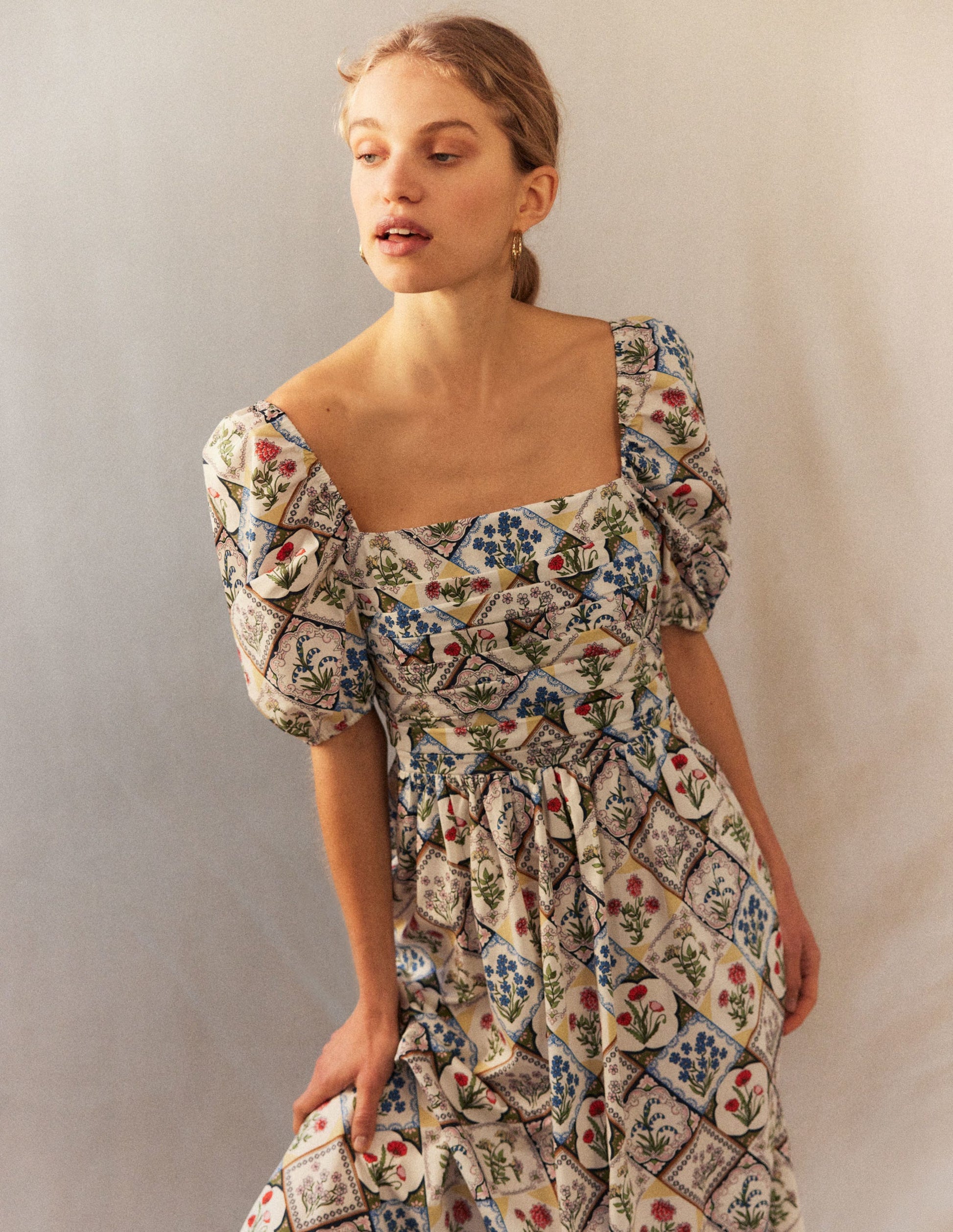 Ruched Bodice Midi Dress-Ivory, Wild Bluebell-5