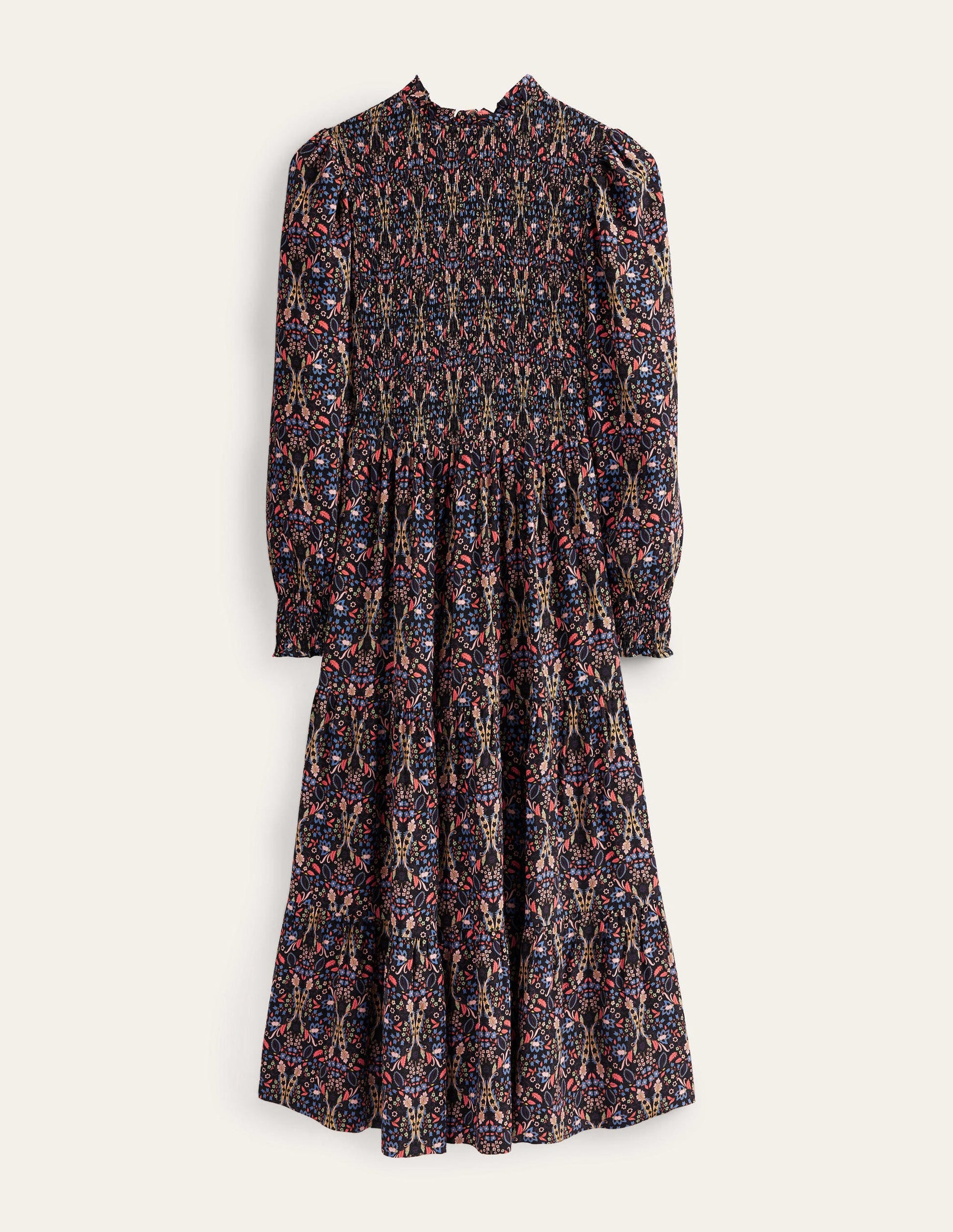 Smocked Tiered Midi Dress-Black, Exotic Foliage-5