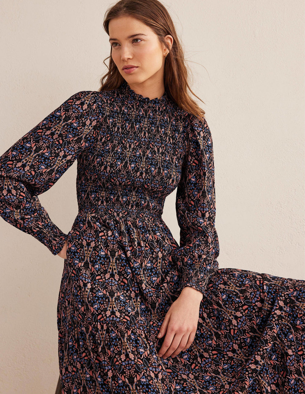 Smocked Tiered Midi Dress-Black, Exotic Foliage - Image 1
