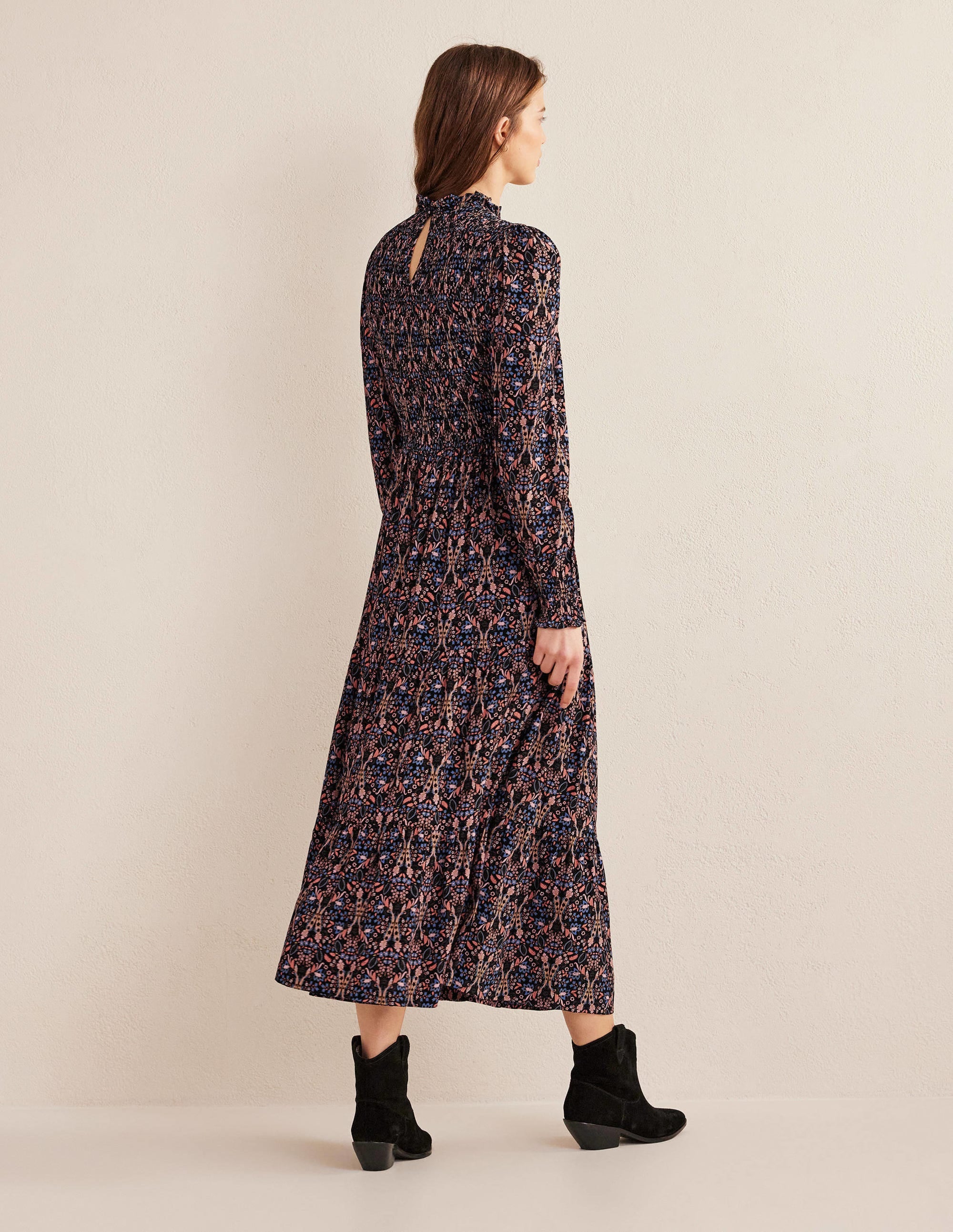 Smocked Tiered Midi Dress-Black, Exotic Foliage - Image 3
