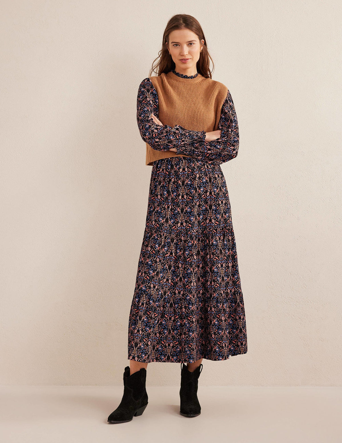 Smocked Tiered Midi Dress-Black, Exotic Foliage-4