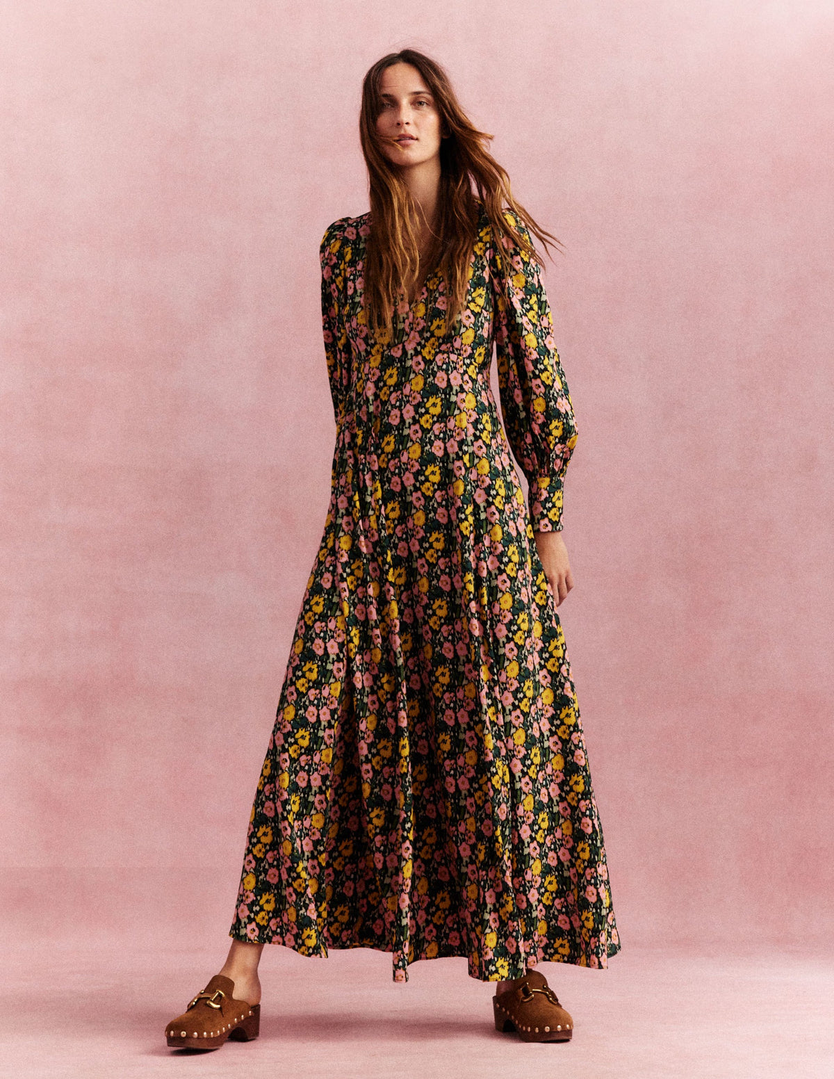 Blouson Sleeve Maxi Tea Dress-Emerald Night, Abstract Poppy - Image 6