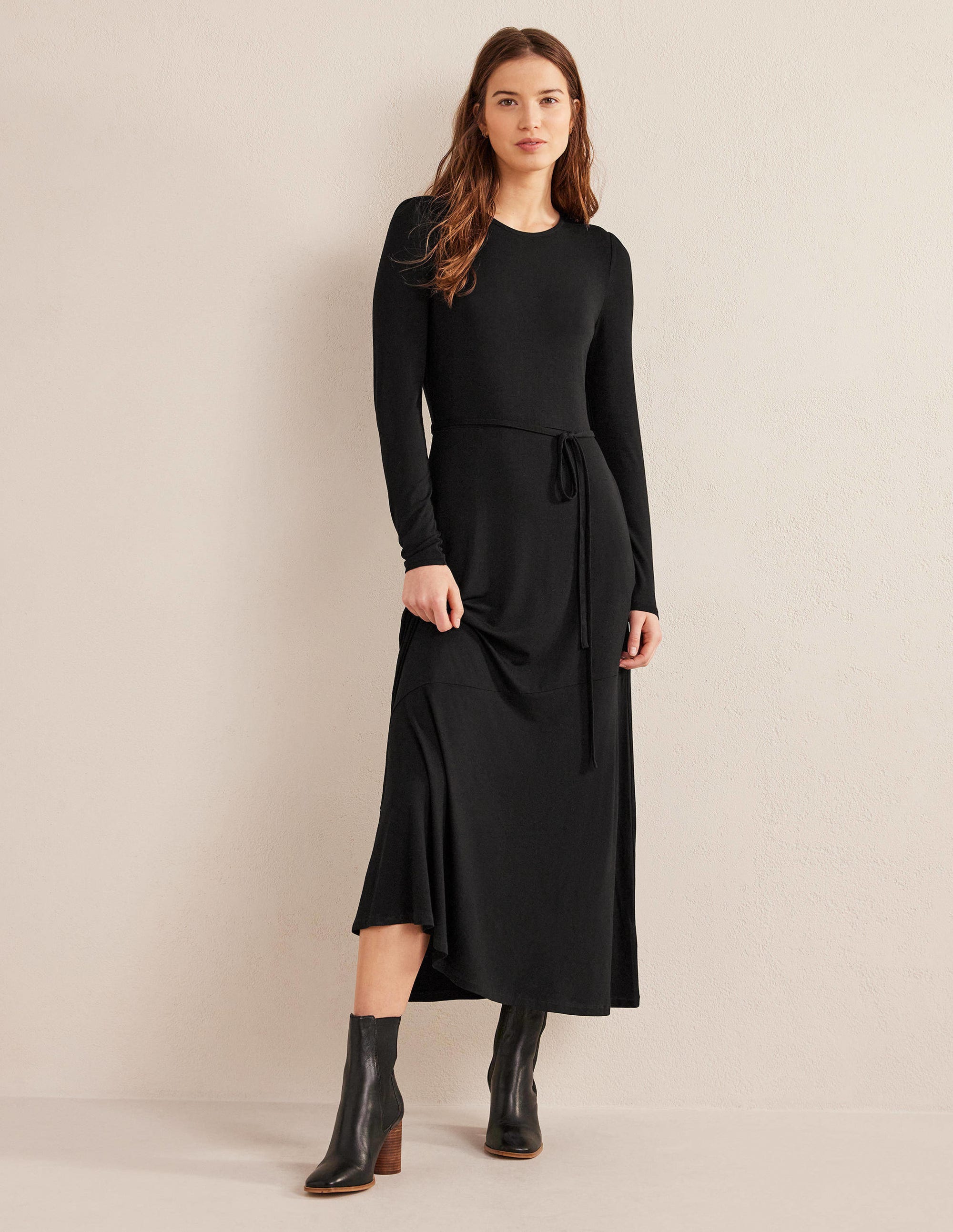Skirt Detail Jersey Midi Dress-Black - Image 1