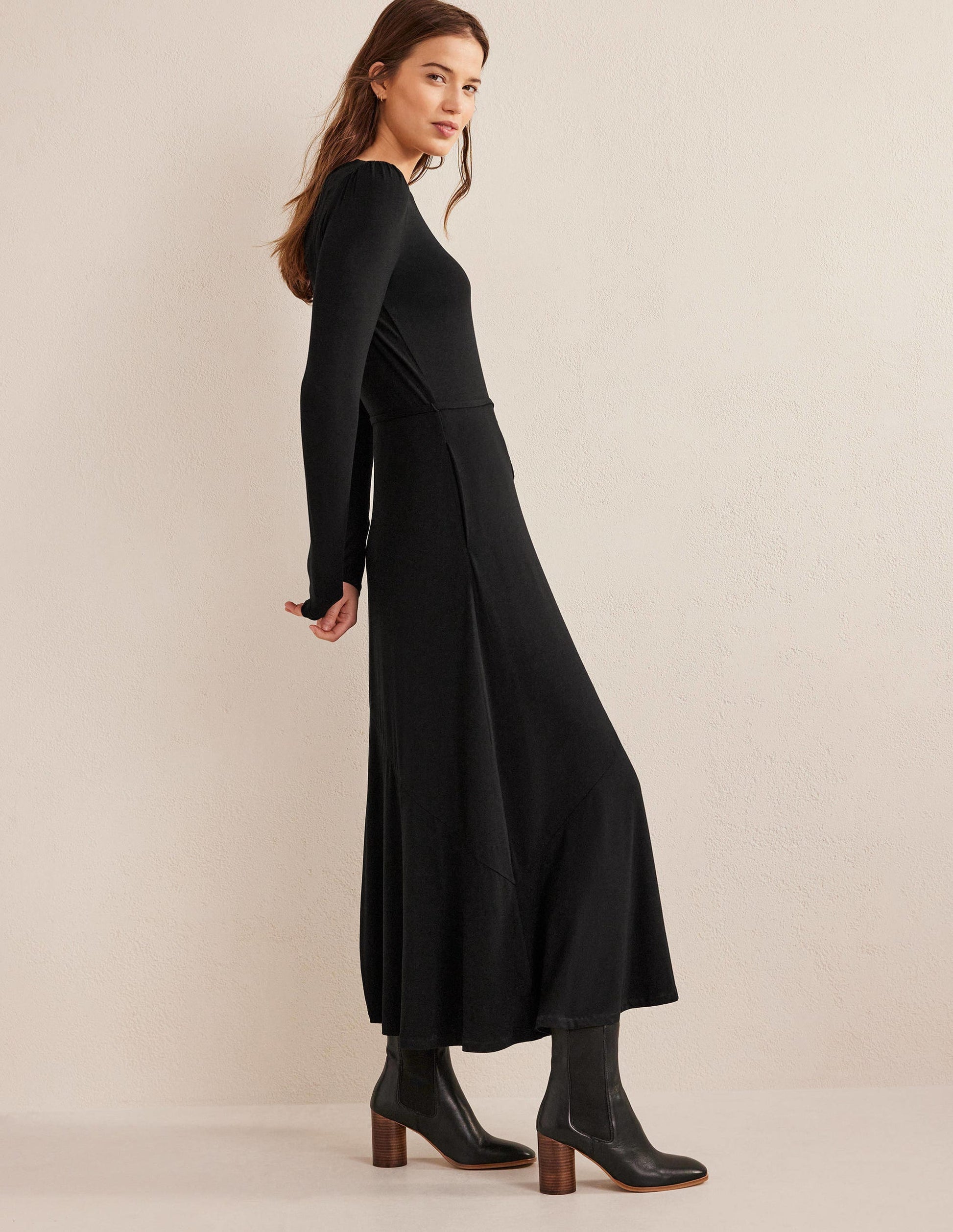 Skirt Detail Jersey Midi Dress-Black-4
