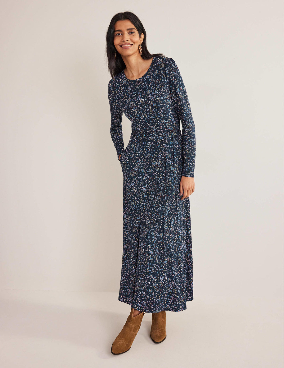 Skirt Detail Jersey Midi Dress-Navy, Wildflower Paisley - Image 1
