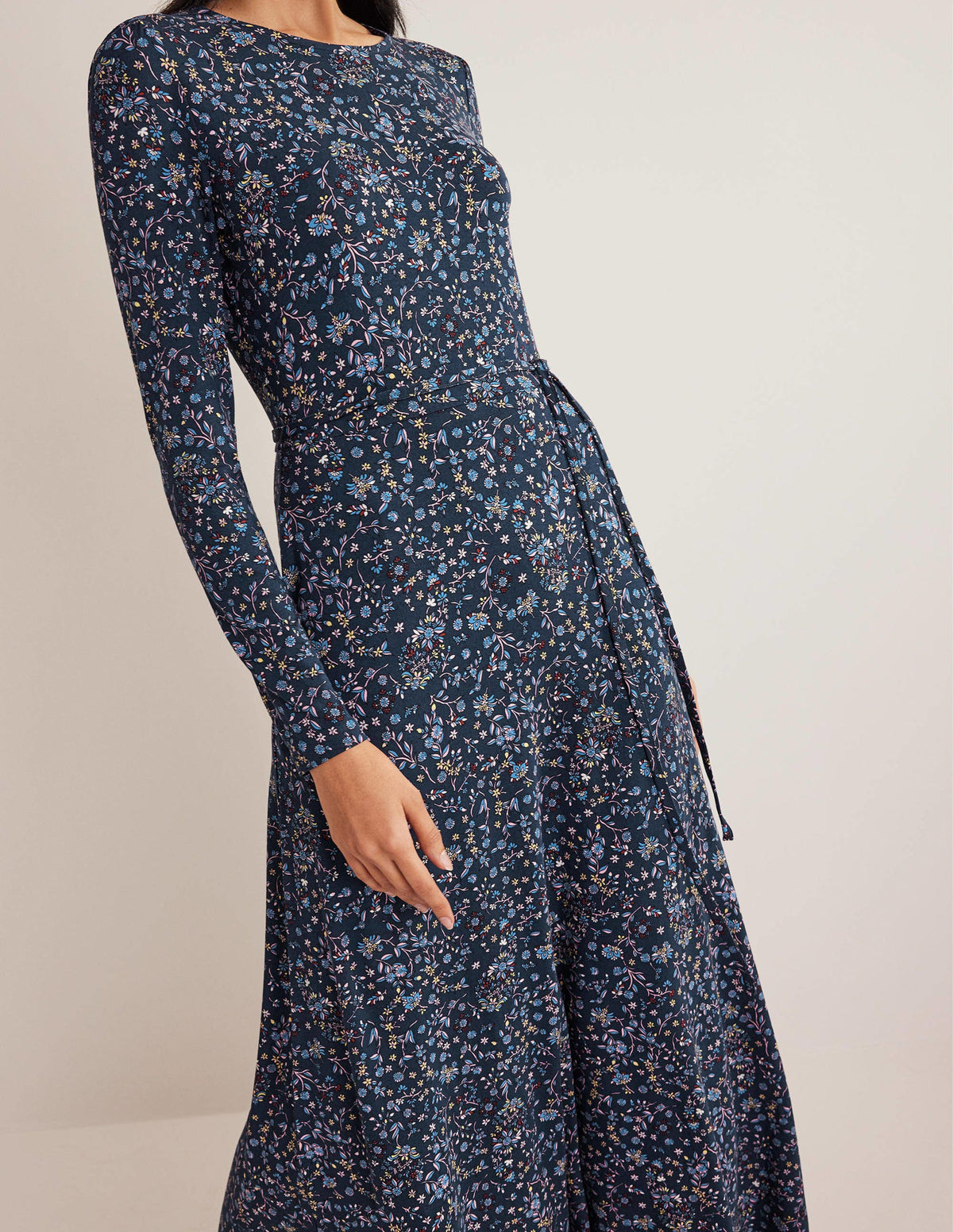 Skirt Detail Jersey Midi Dress-Navy, Wildflower Paisley-2