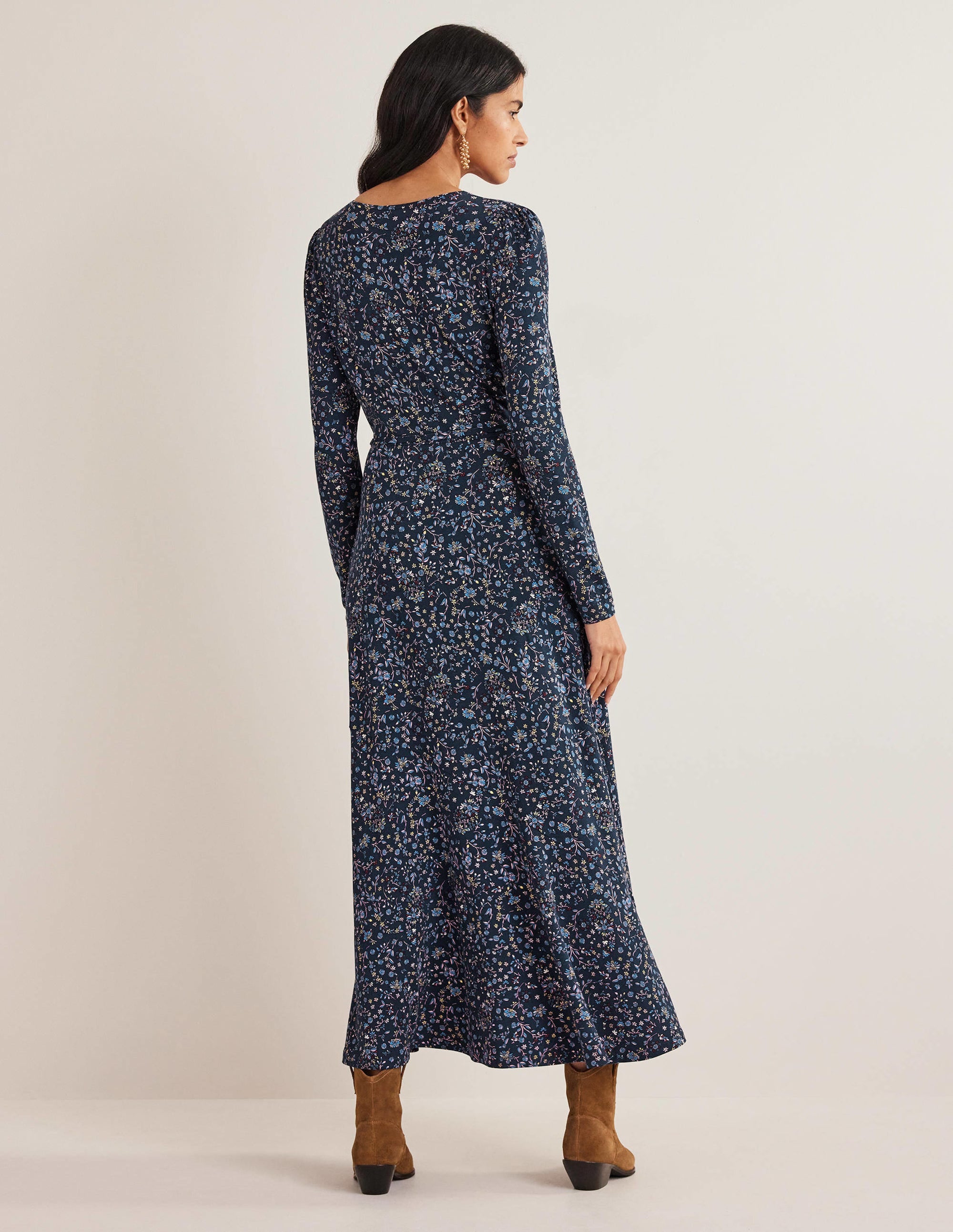 Skirt Detail Jersey Midi Dress-Navy, Wildflower Paisley - Image 3