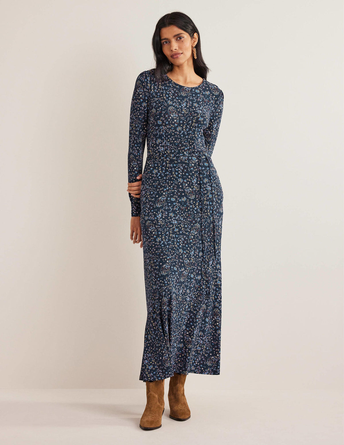 Skirt Detail Jersey Midi Dress-Navy, Wildflower Paisley - Image 4