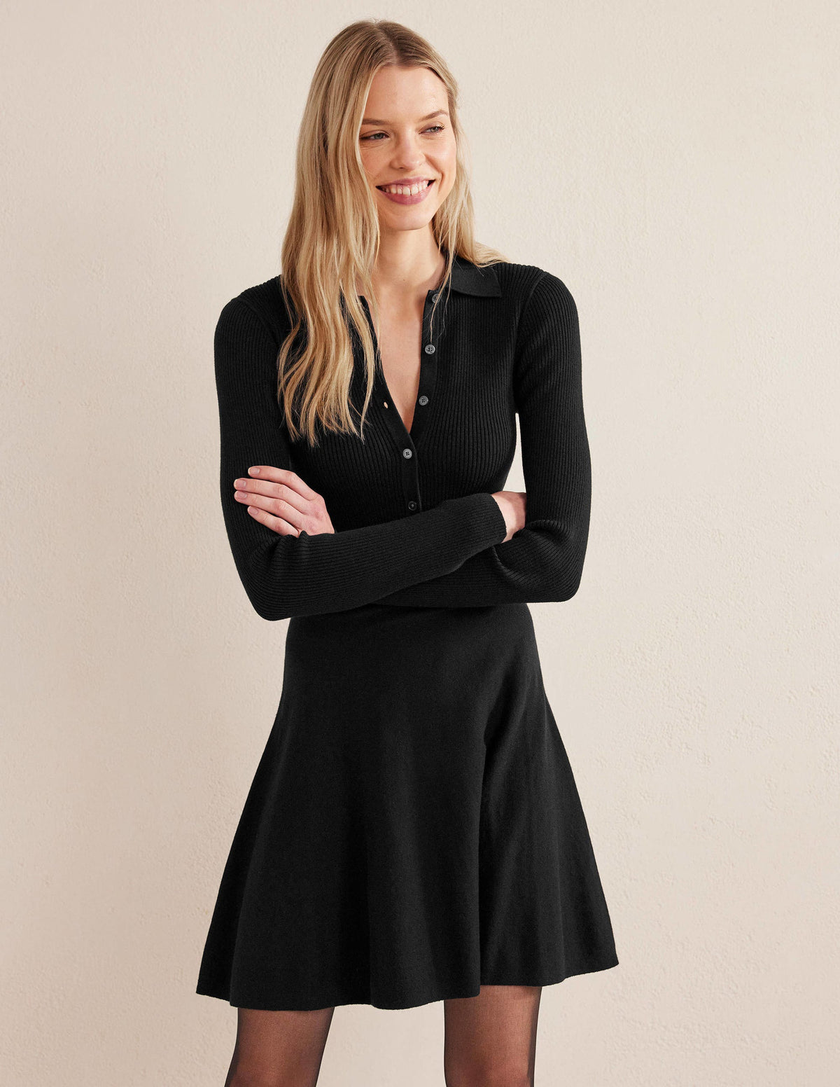 Rib Detail Knitted Mini Dress-Black - Image 1