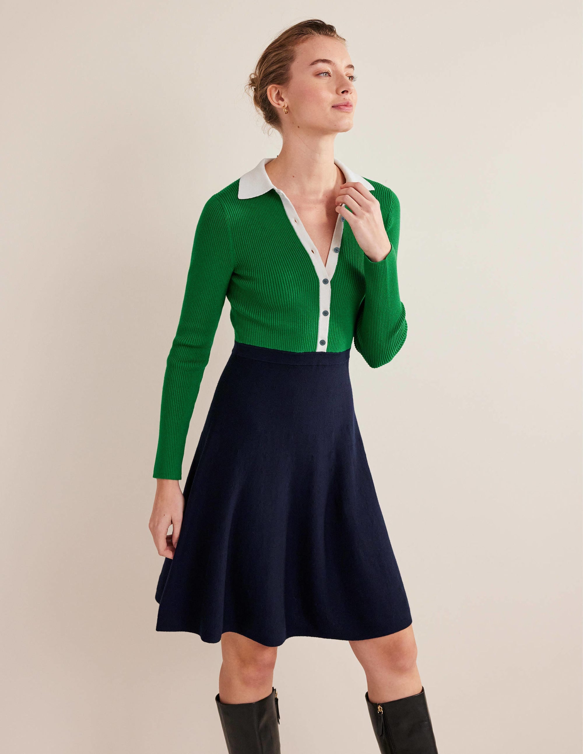 Rib Detail Knitted Mini Dress-Green, Navy Colourblock - Image 1