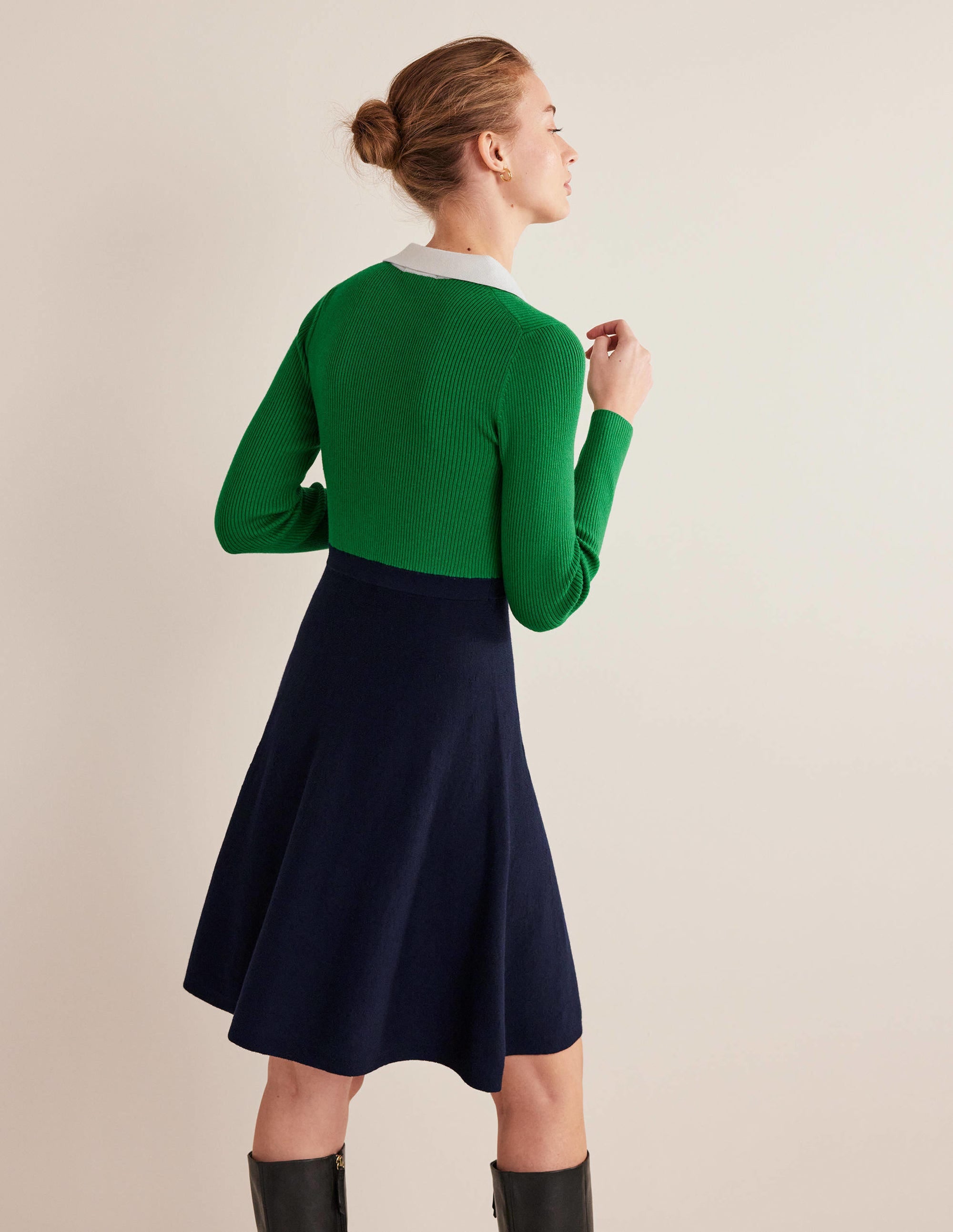 Rib Detail Knitted Mini Dress-Green, Navy Colourblock - Image 3