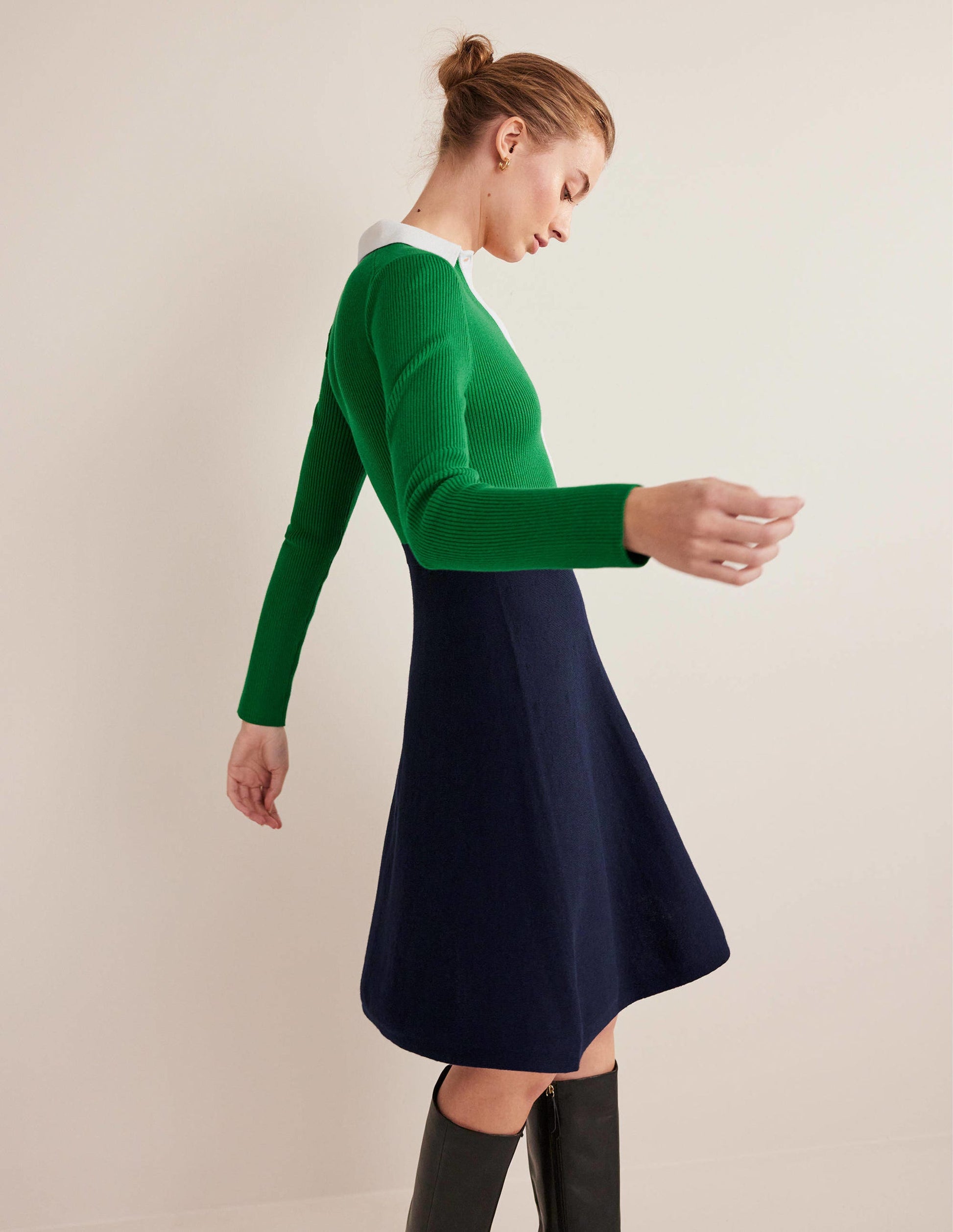 Rib Detail Knitted Mini Dress-Green, Navy Colourblock-4