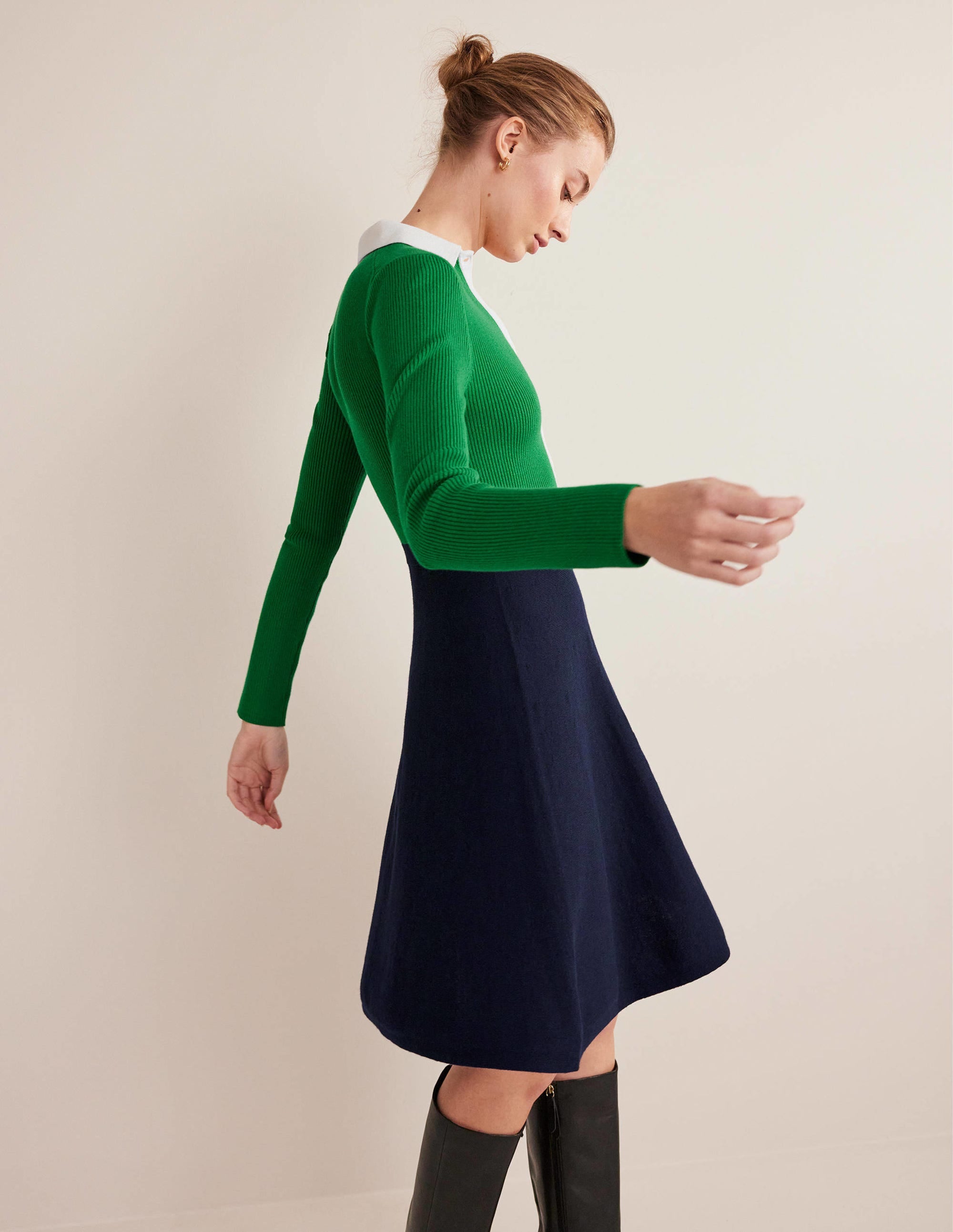 Rib Detail Knitted Mini Dress-Green, Navy Colourblock - Image 4