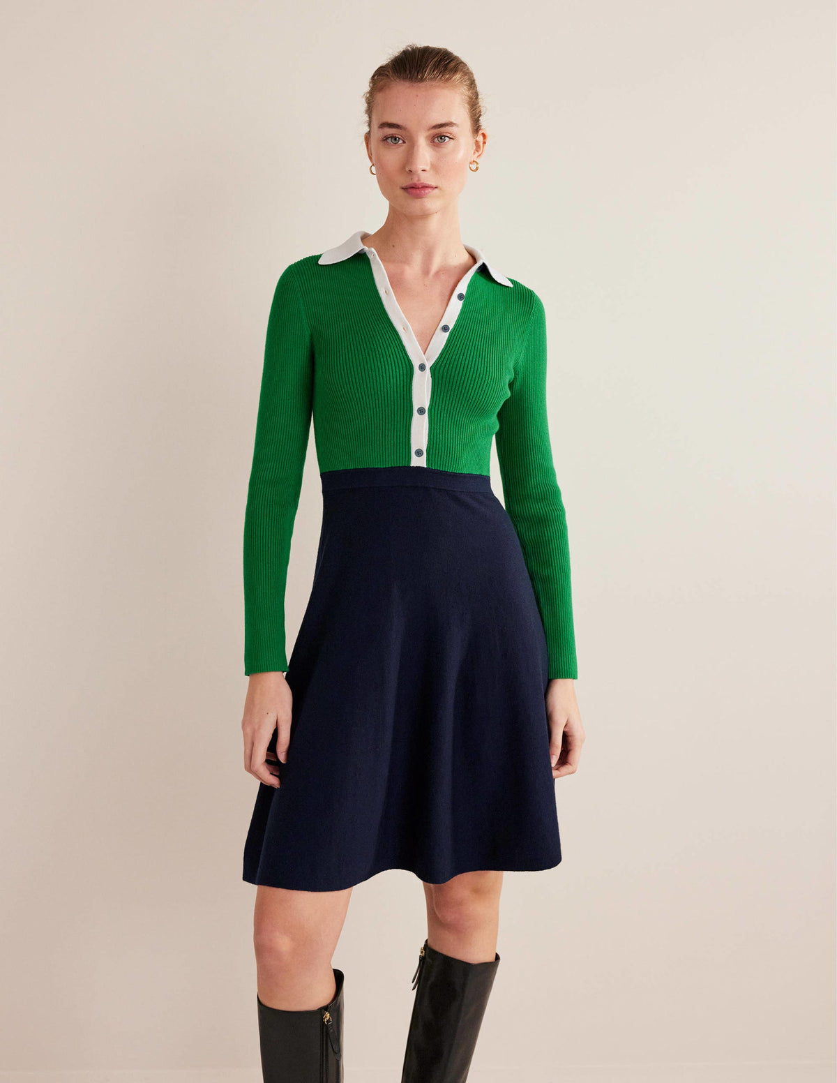 Rib Detail Knitted Mini Dress-Green, Navy Colourblock - Image 5