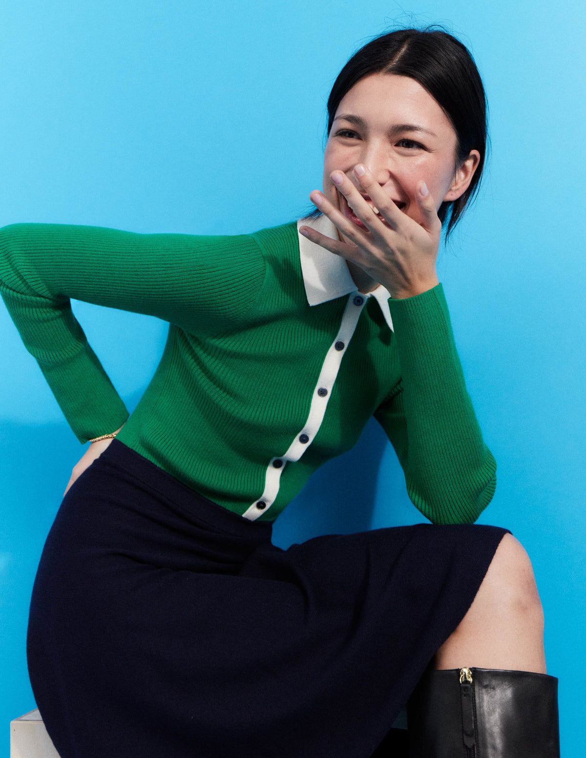 Rib Detail Knitted Mini Dress-Green, Navy Colourblock - Image 6