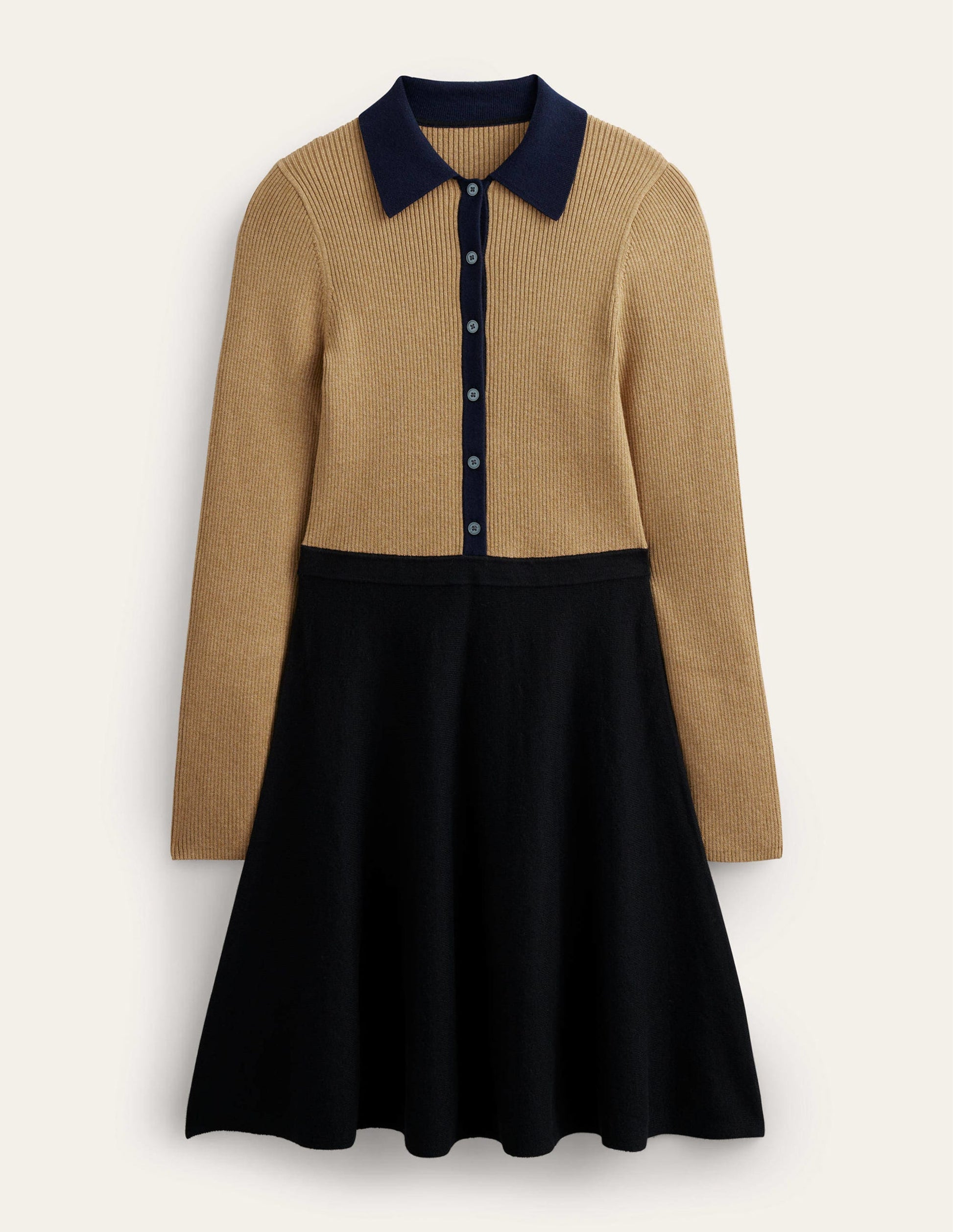 Rib Detail Knitted Mini Dress-Black, Camel Colourblock-7