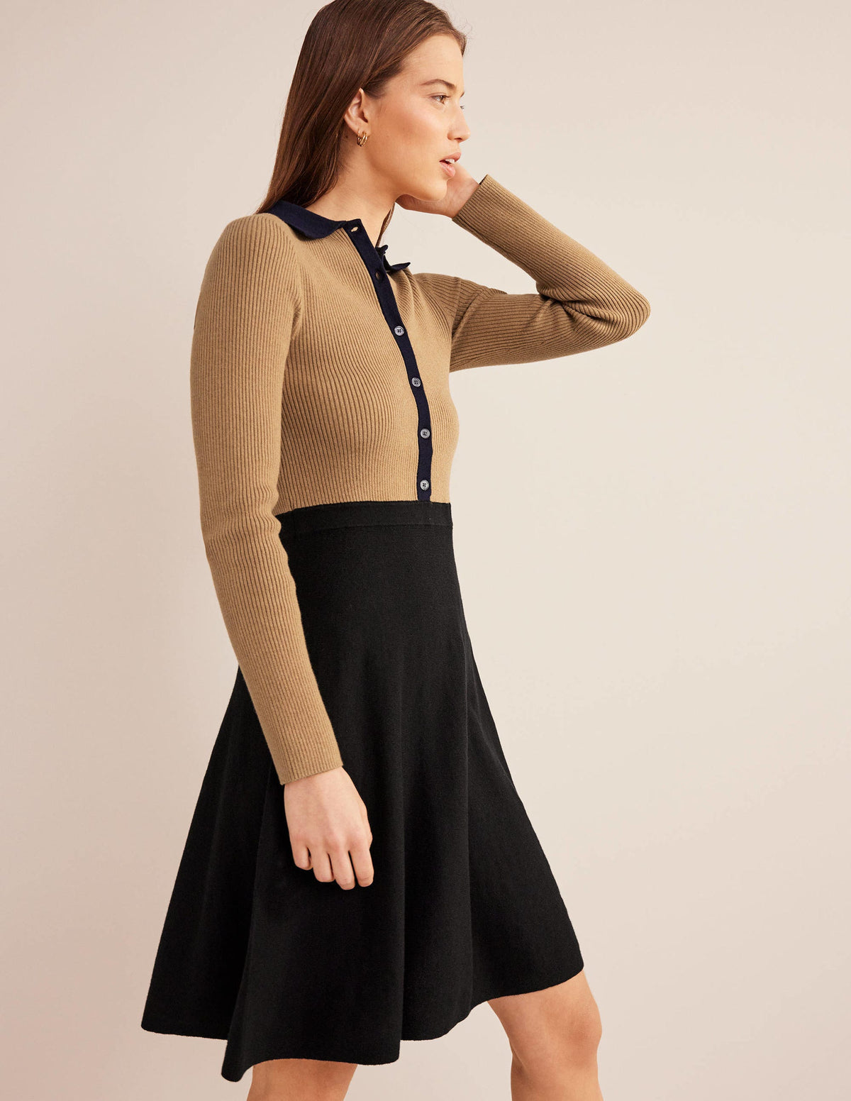 Rib Detail Knitted Mini Dress-Black, Camel Colourblock - Image 1