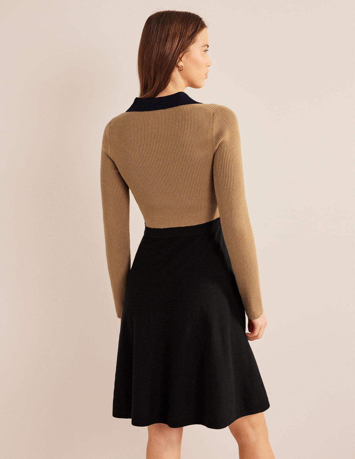 Rib Detail Knitted Mini Dress-Black, Camel Colourblock - Image 3